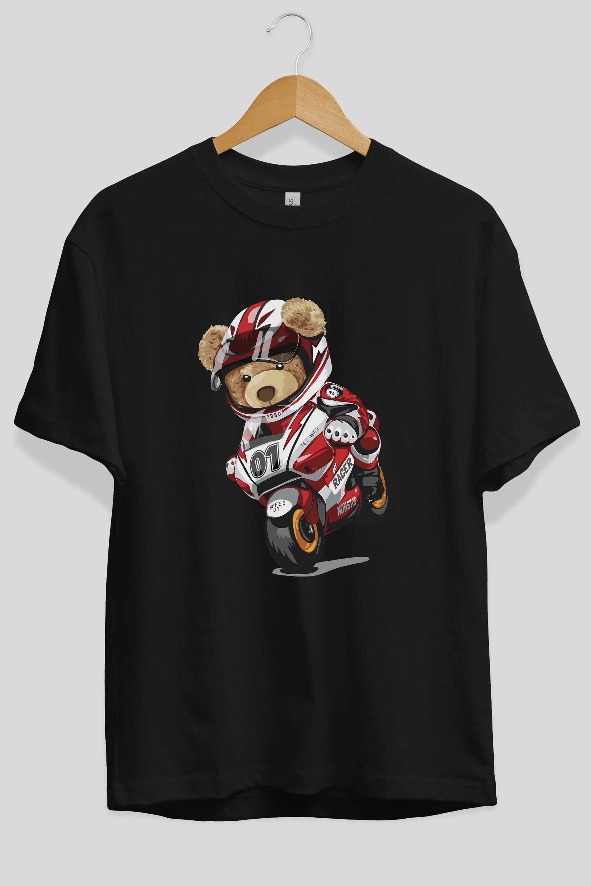 Teddy Bear Racer Ön Baskılı Oversize t-shirt Erkek Kadın Unisex %100 Pamuk