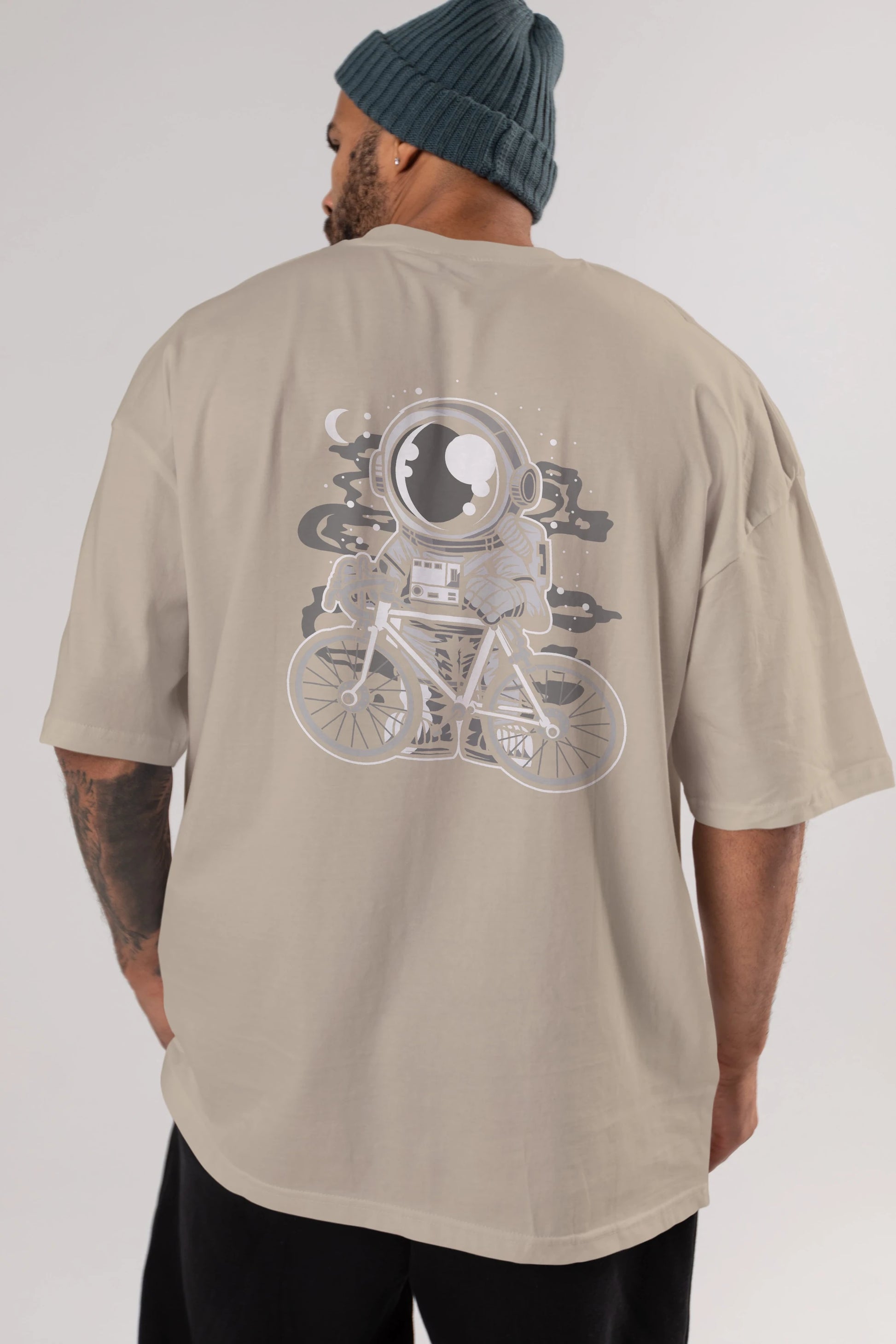 Bicycle Astronaut Arka Baskılı Oversize t-shirt Erkek Kadın Unisex