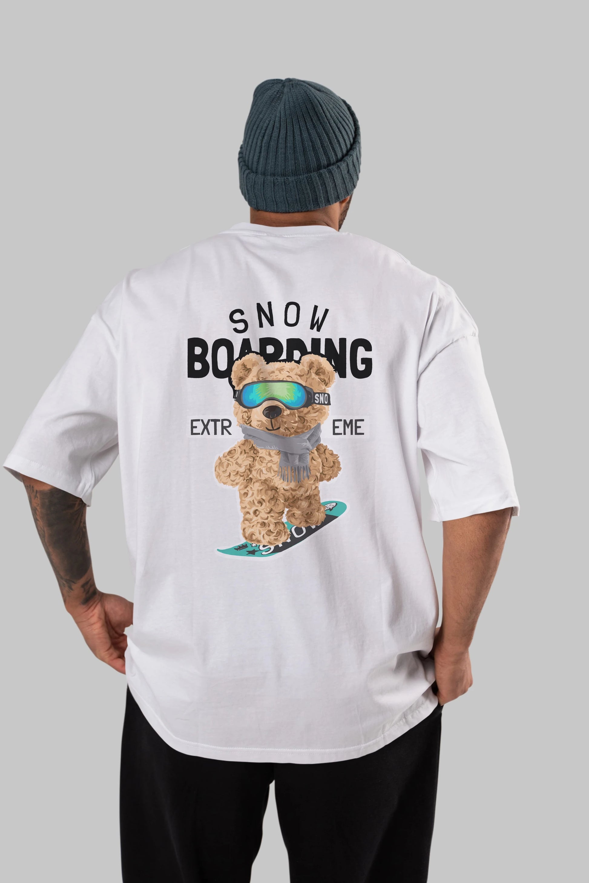 Teddy Bear Snow Boarding Arka Baskılı Oversize t-shirt Erkek Kadın Unisex %100 Pamuk