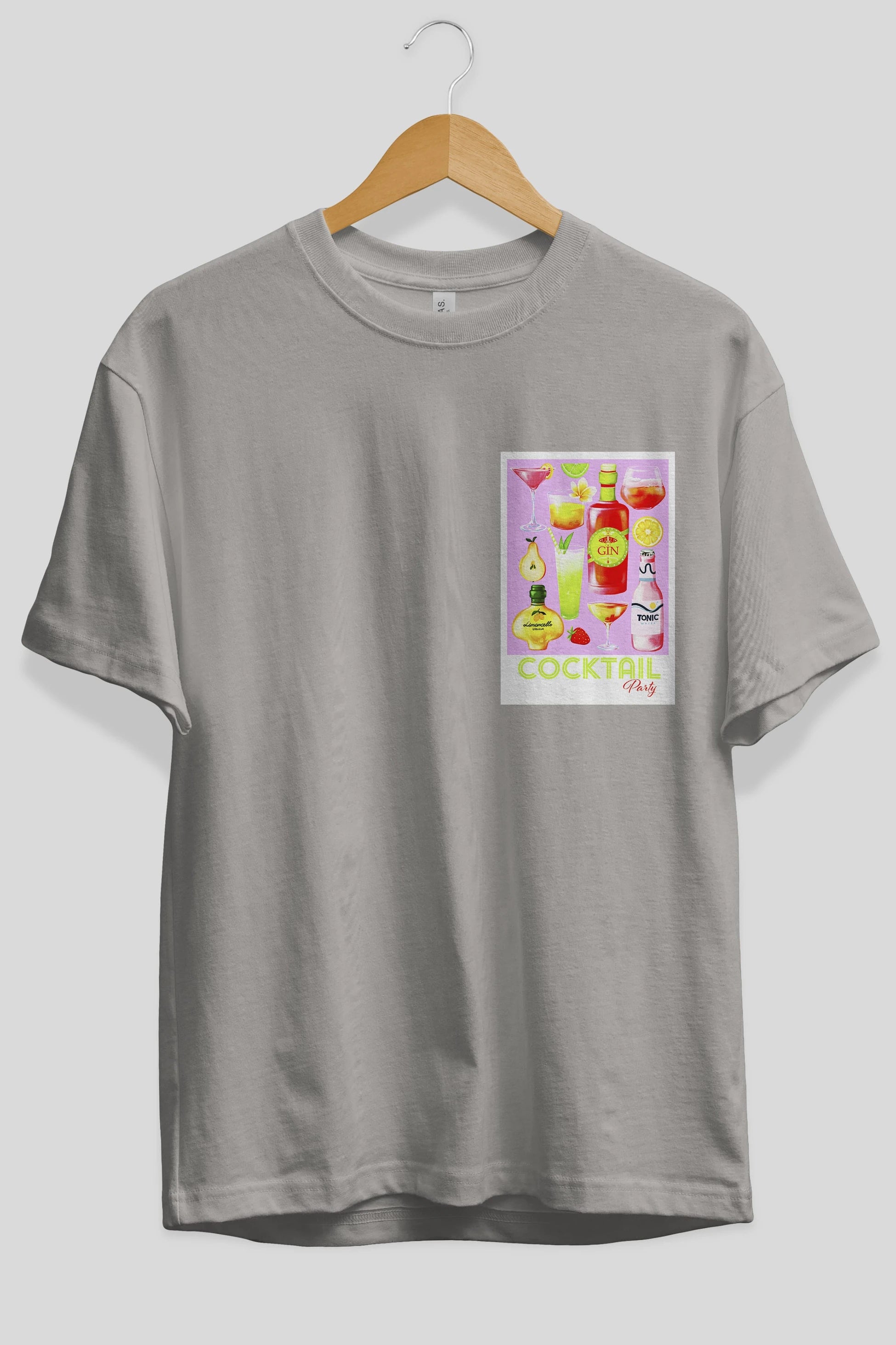 Cocktail Party Ön Sol Baskılı Oversize t-shirt Erkek Kadın Unisex %100 Pamuk Bisiklet Yaka tişort
