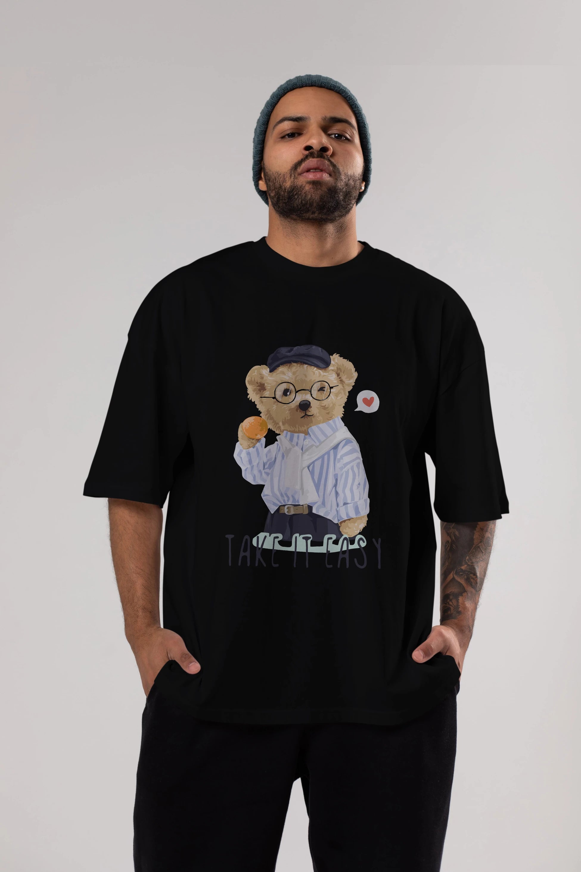 Teddy Bear Take it Easy Ön Baskılı Oversize t-shirt Erkek Kadın Unisex %100 Pamuk