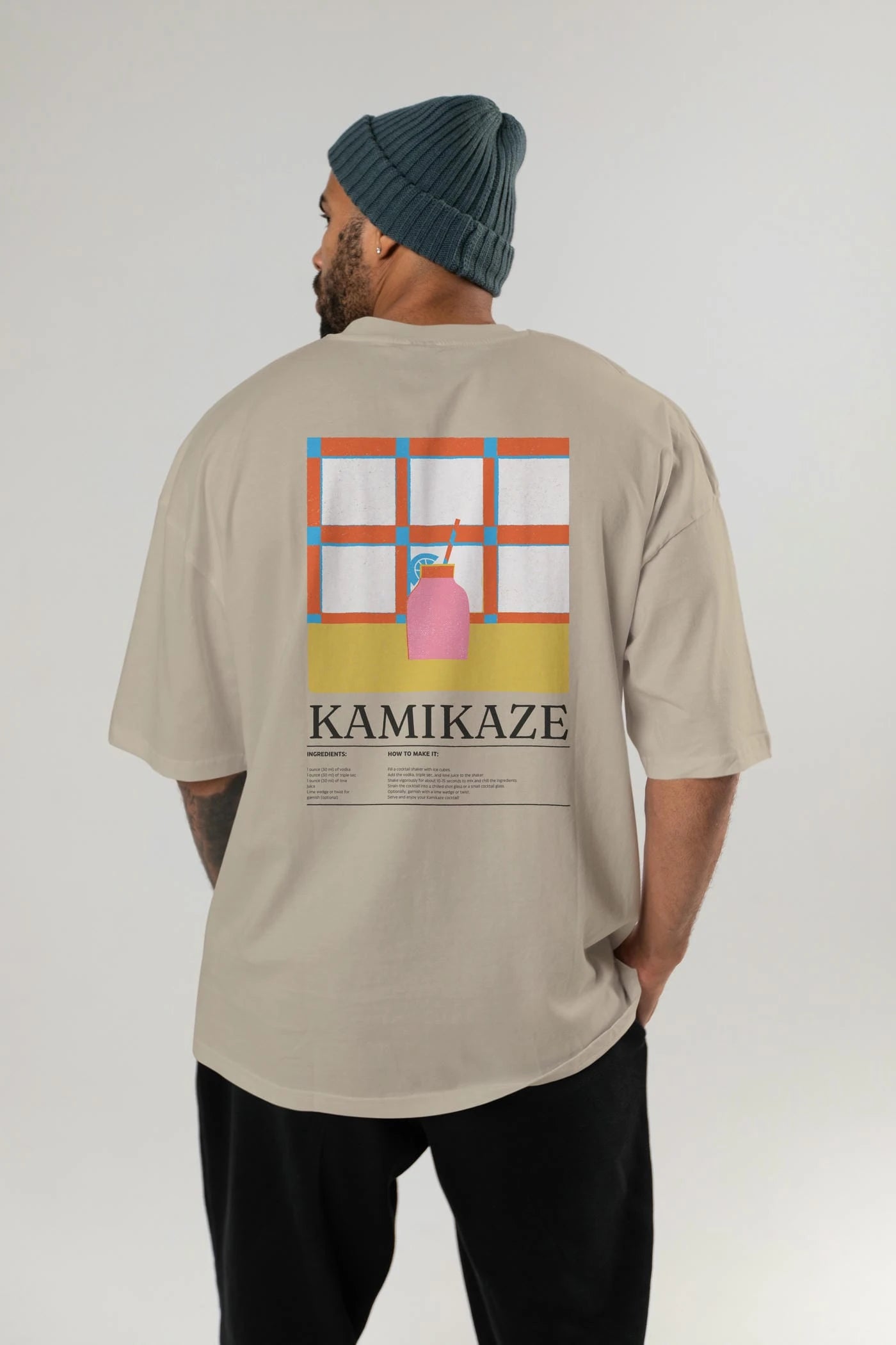 Kamikaze Kokteyl Serisi Arka Baskılı Oversize t-shirt Erkek Kadın %100 Pamuk Bisiklet Yaka tişort