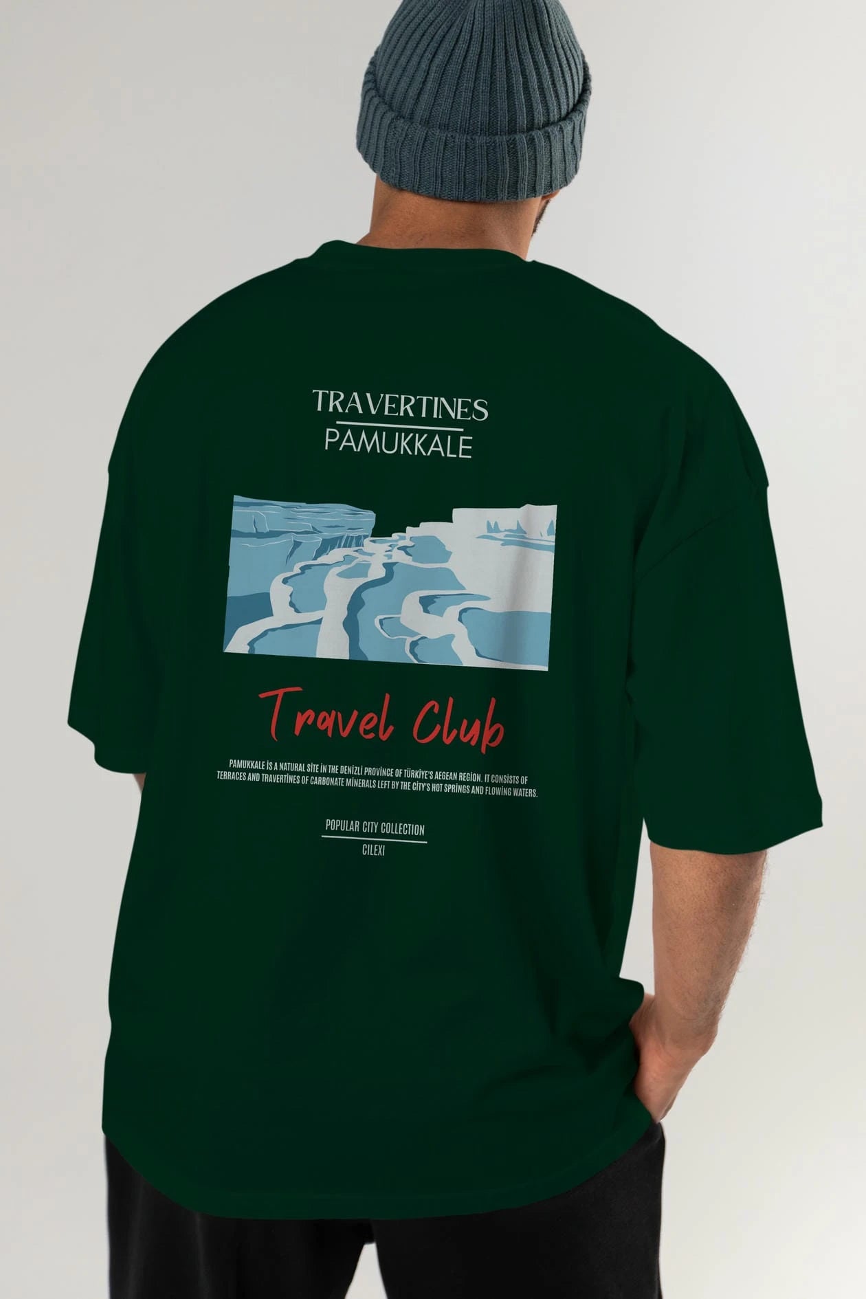 Travertines Pamukkale Arka Baskılı Oversize t-shirt Erkek Kadın Pamuk Bisiklet Yaka tişort