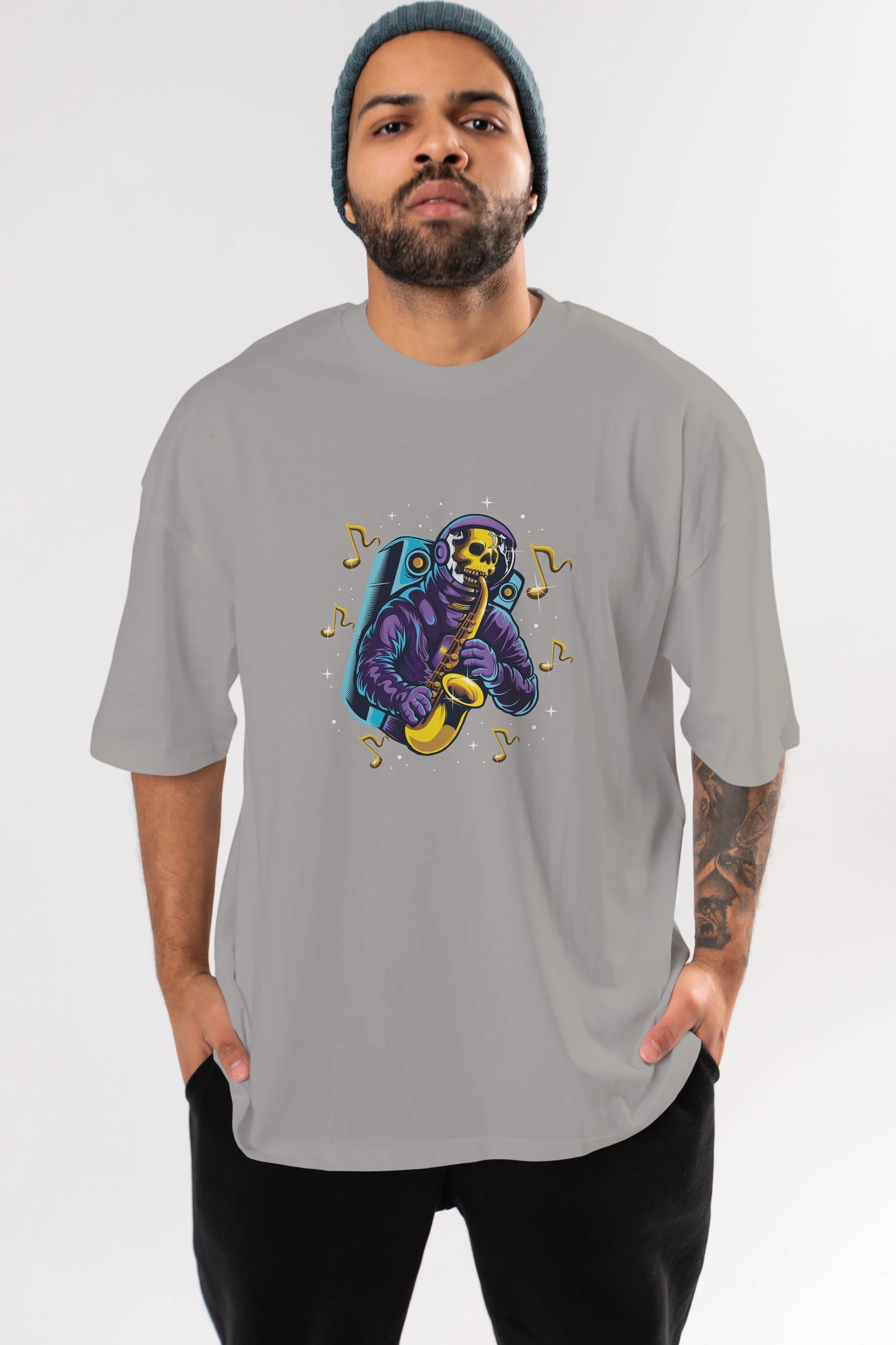 Astroskull Saxophonist Ön Baskılı Oversize t-shirt Erkek Kadın Unisex
