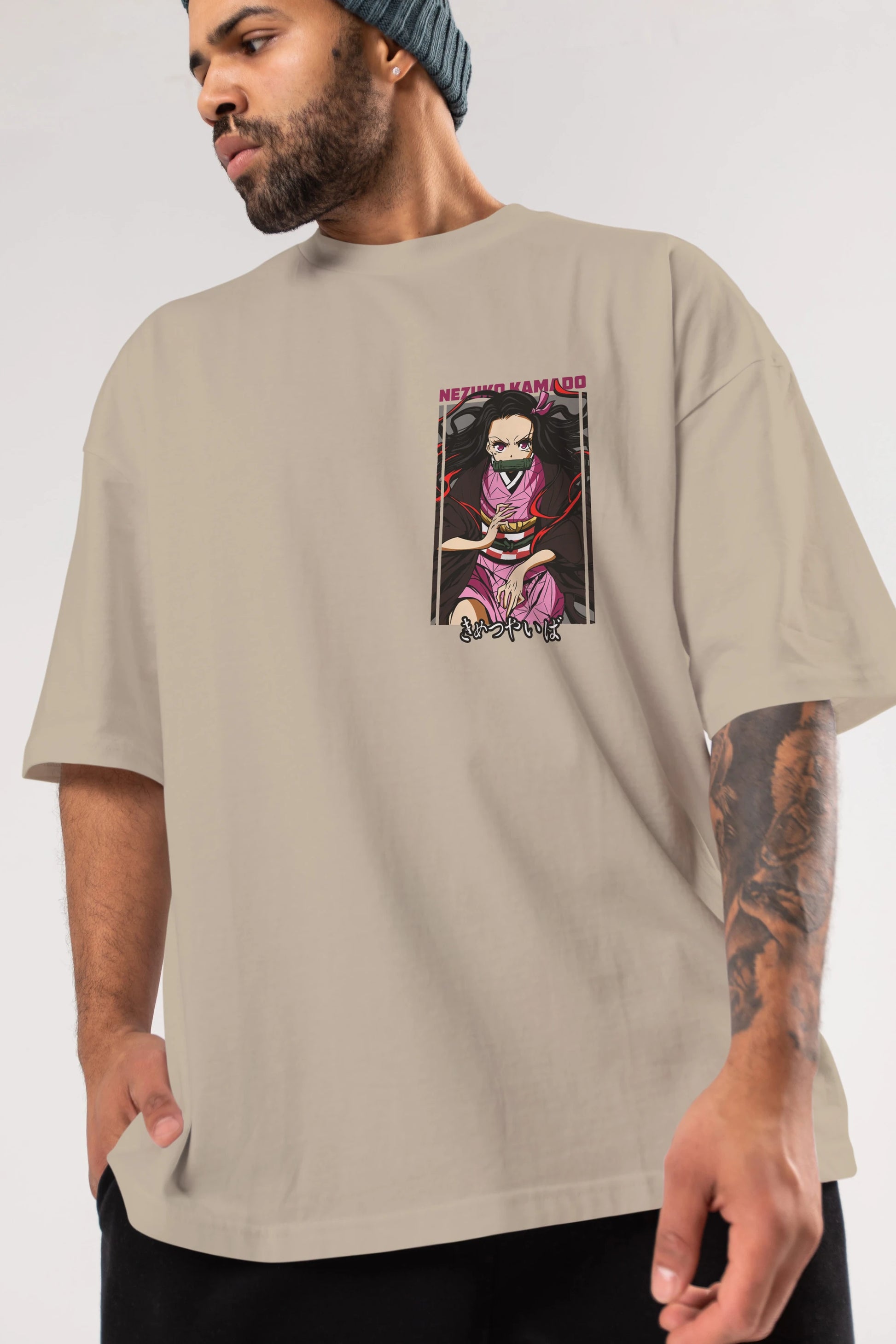 Nezuko Kamado 1 Ön Sol Baskılı Oversize t-shirt Erkek Kadın Unisex %100 Pamuk Bisiklet Yaka tişort
