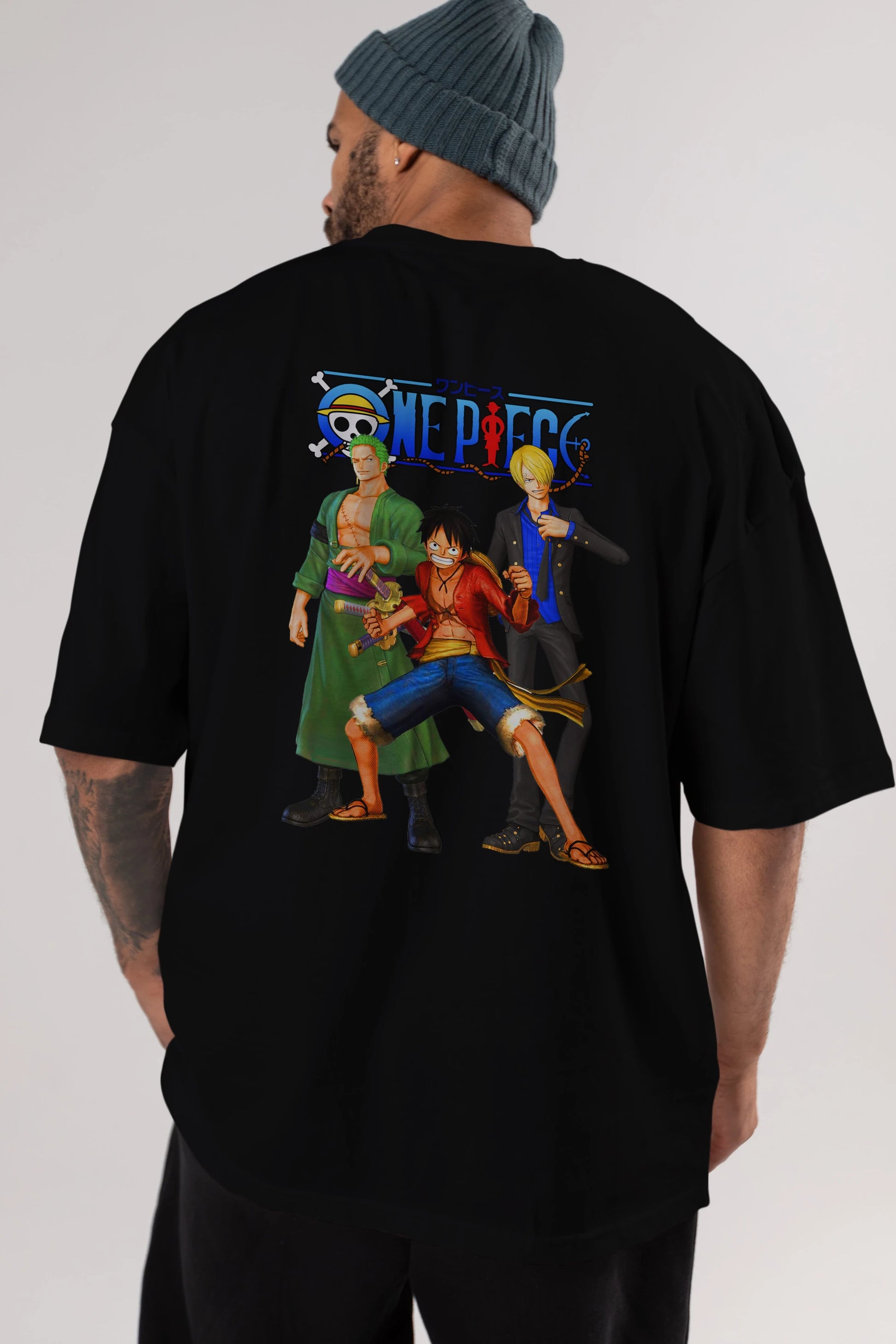 Luffy Sanji Zoro Anime Arka Baskılı Oversize t-shirt Erkek Kadın Unisex %100 pamuk tişort