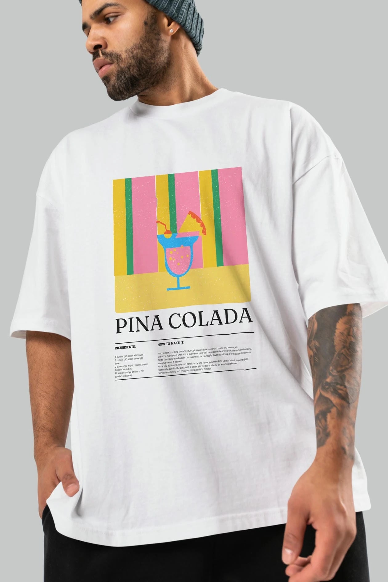 Pina Colada Kokteyl Ön Baskılı Oversize t-shirt Erkek Kadın %100 Pamuk Bisiklet Yaka tişort
