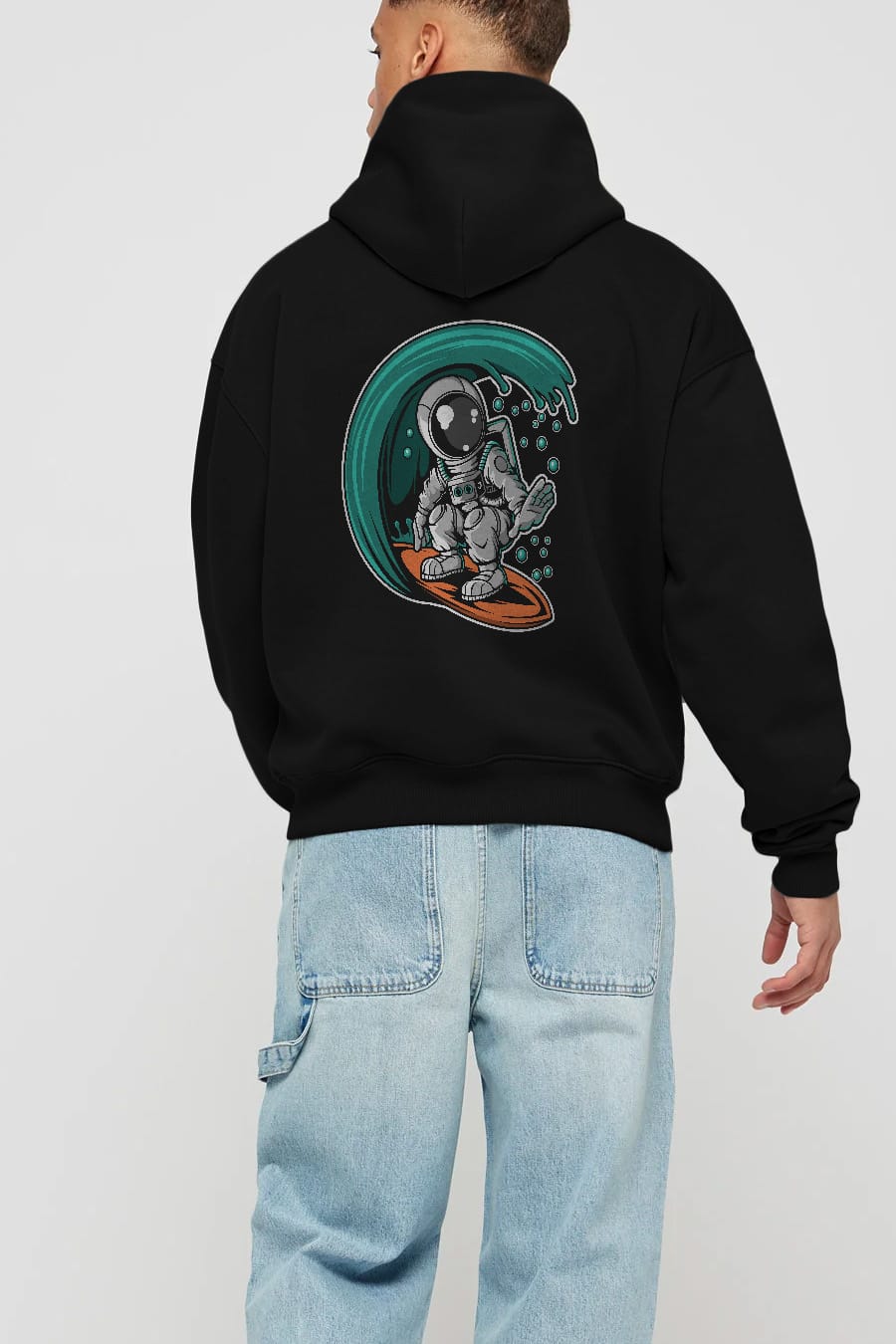 Astronaut Surfing Arka Baskılı Hoodie Oversize Kapüşonlu Sweatshirt Erkek Kadın Unisex