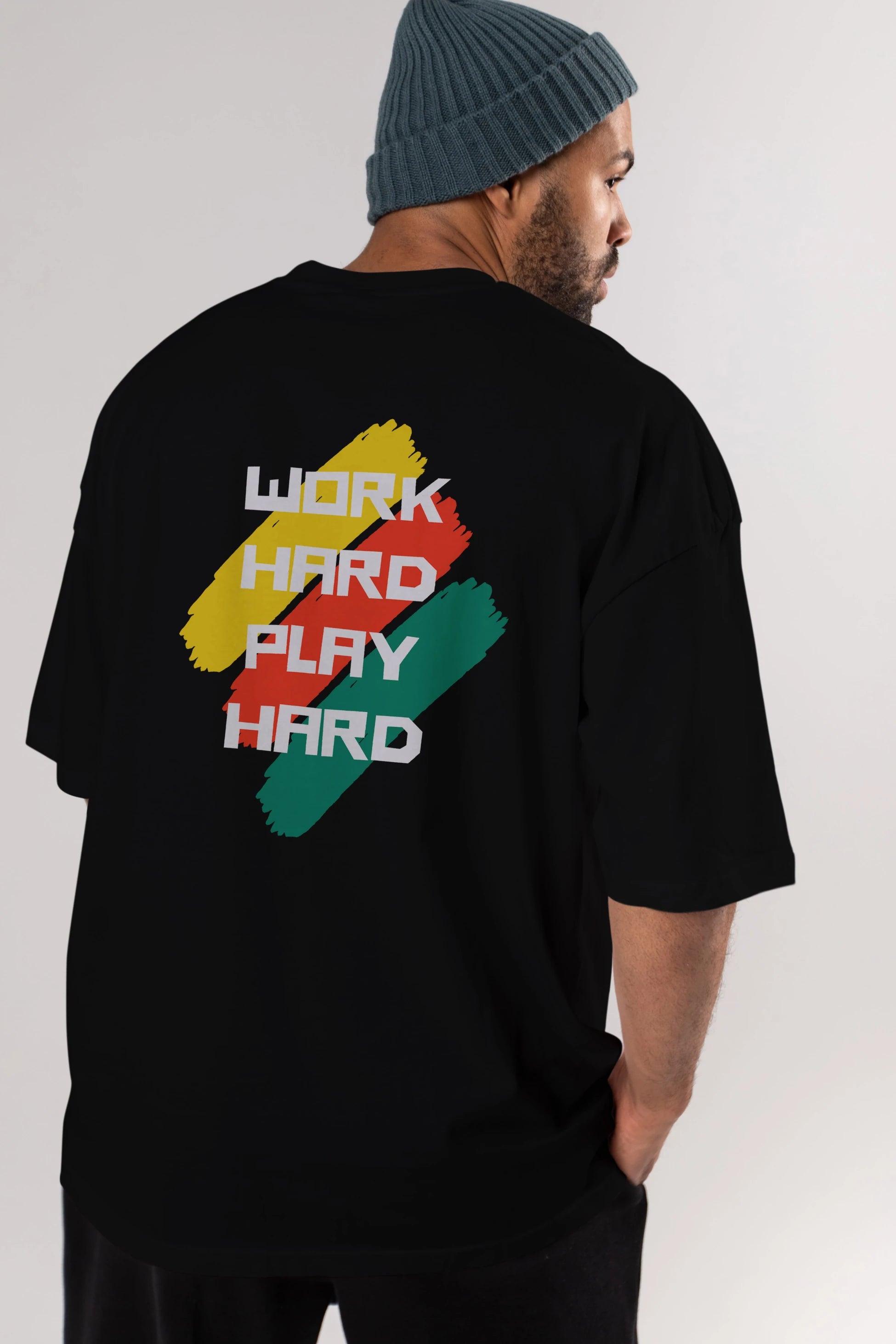 Work Hard Play Hard 2 Arka Baskılı Oversize t-shirt Erkek Kadın Unisex