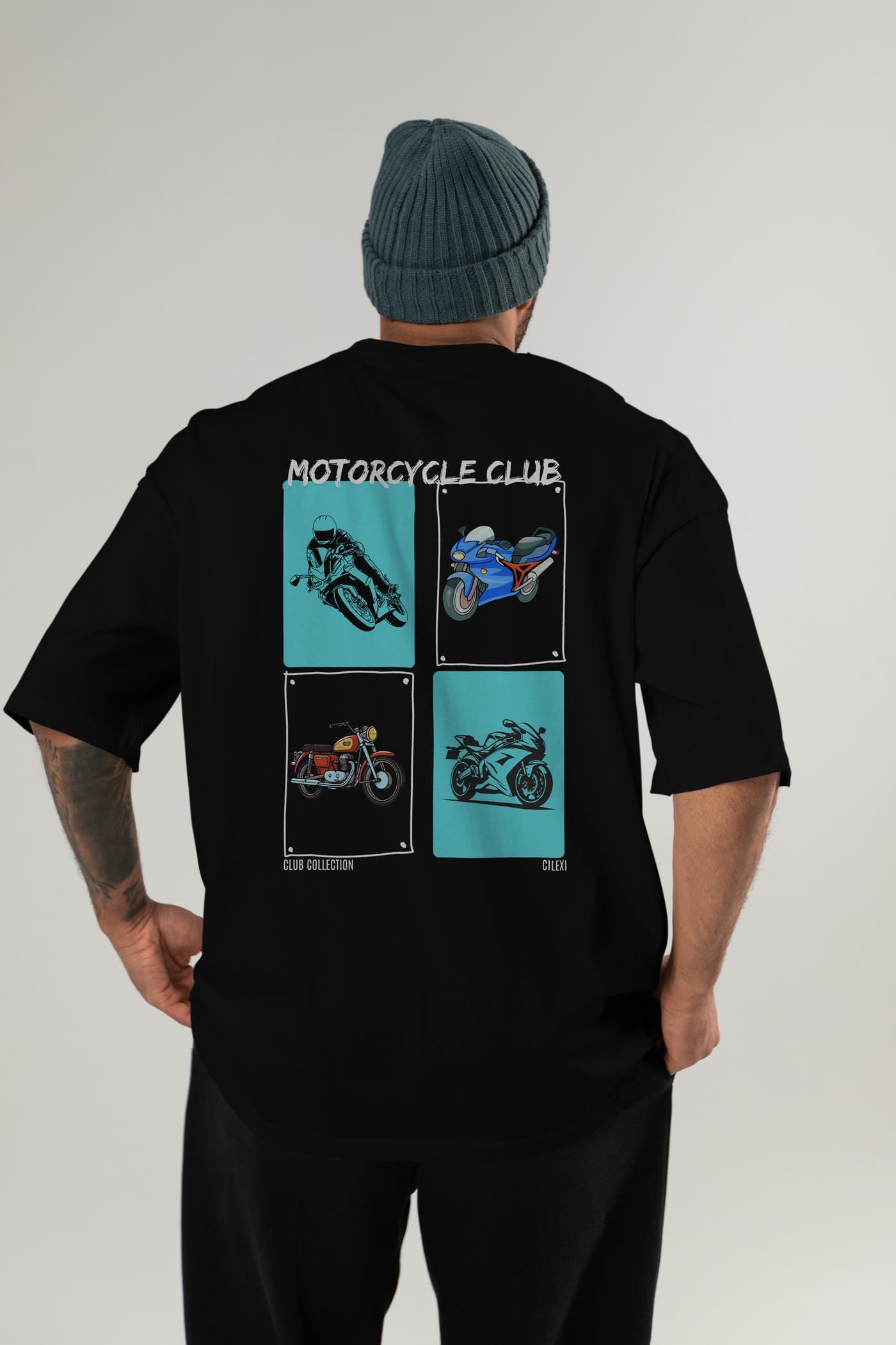 Motorcycle Club Arka Baskılı Oversize t-shirt Erkek Kadın %100 Pamuk Bisiklet Yaka tişort