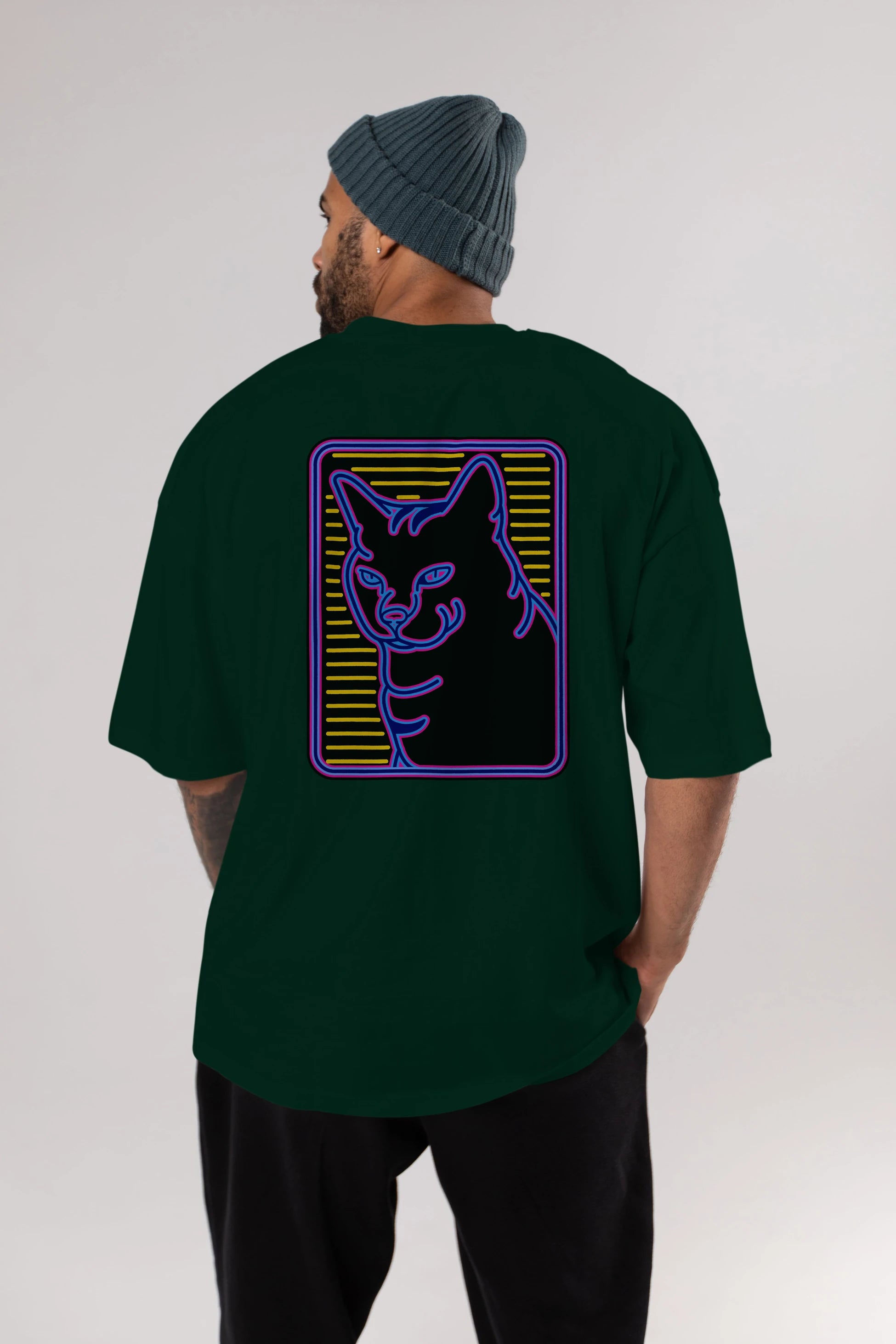 Neon Cat Arka Baskılı Oversize t-shirt Erkek Kadın Unisex