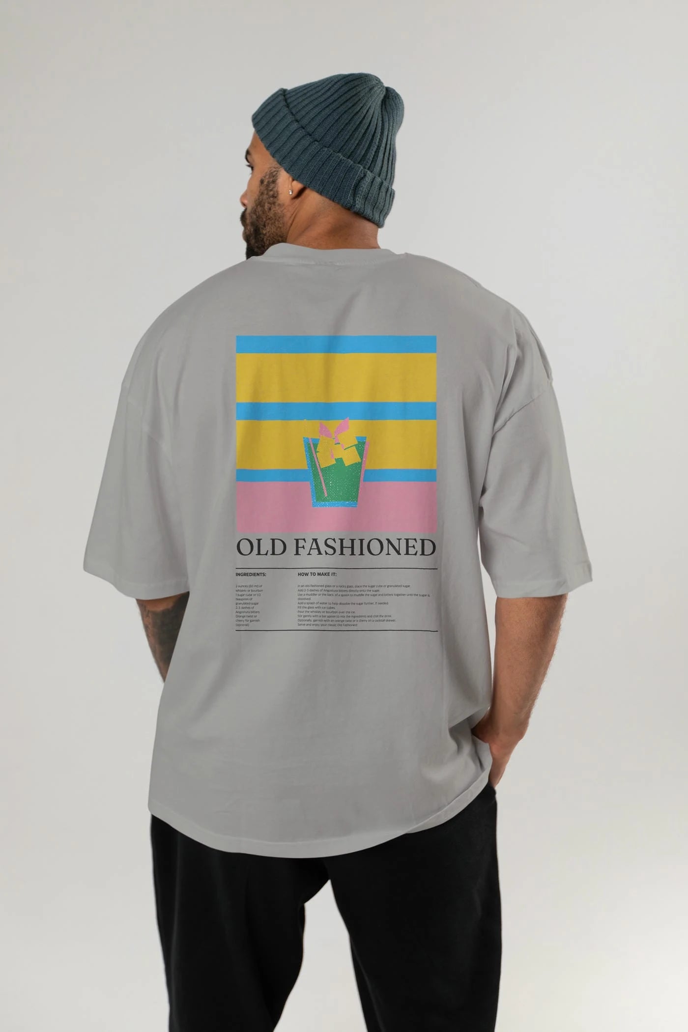 Old Fashioned Kokteyl Serisi Arka Baskılı Oversize t-shirt Erkek Kadın %100 Pamuk Bisiklet Yaka tişort