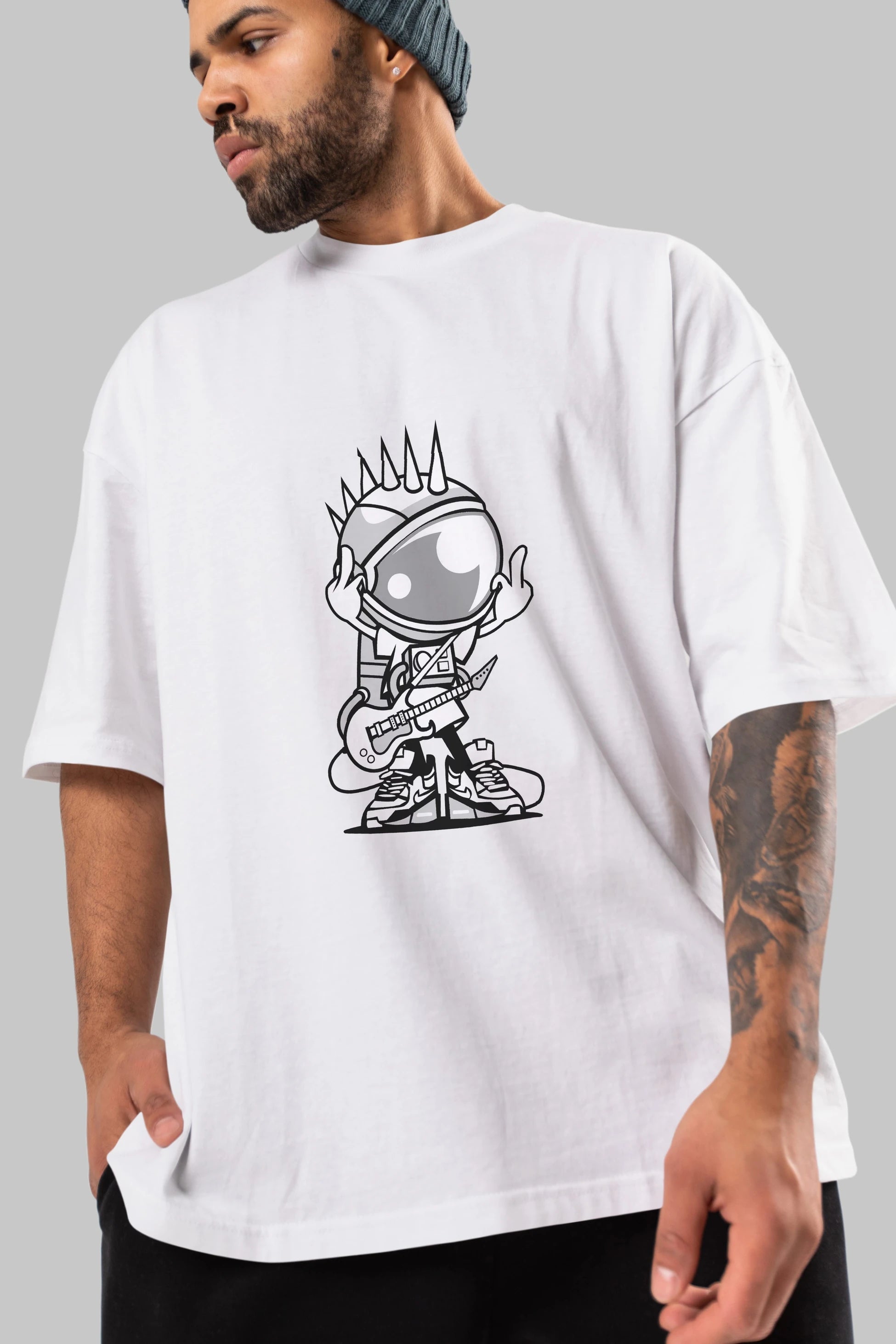 Astronaut Punk Rock Ön Baskılı Oversize t-shirt Erkek Kadın Unisex %100 Pamuk tişort