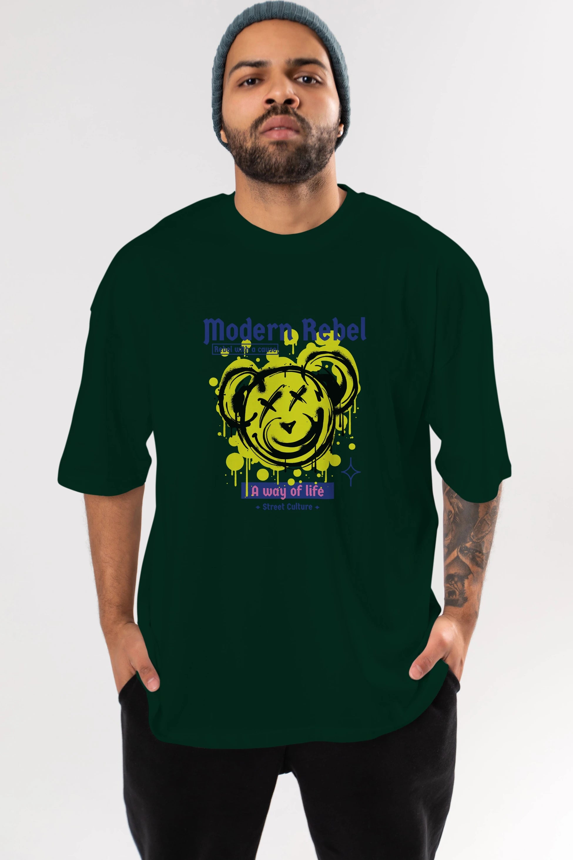 Modern Rebel Bear Ön Baskılı Oversize t-shirt Erkek Kadın Unisex