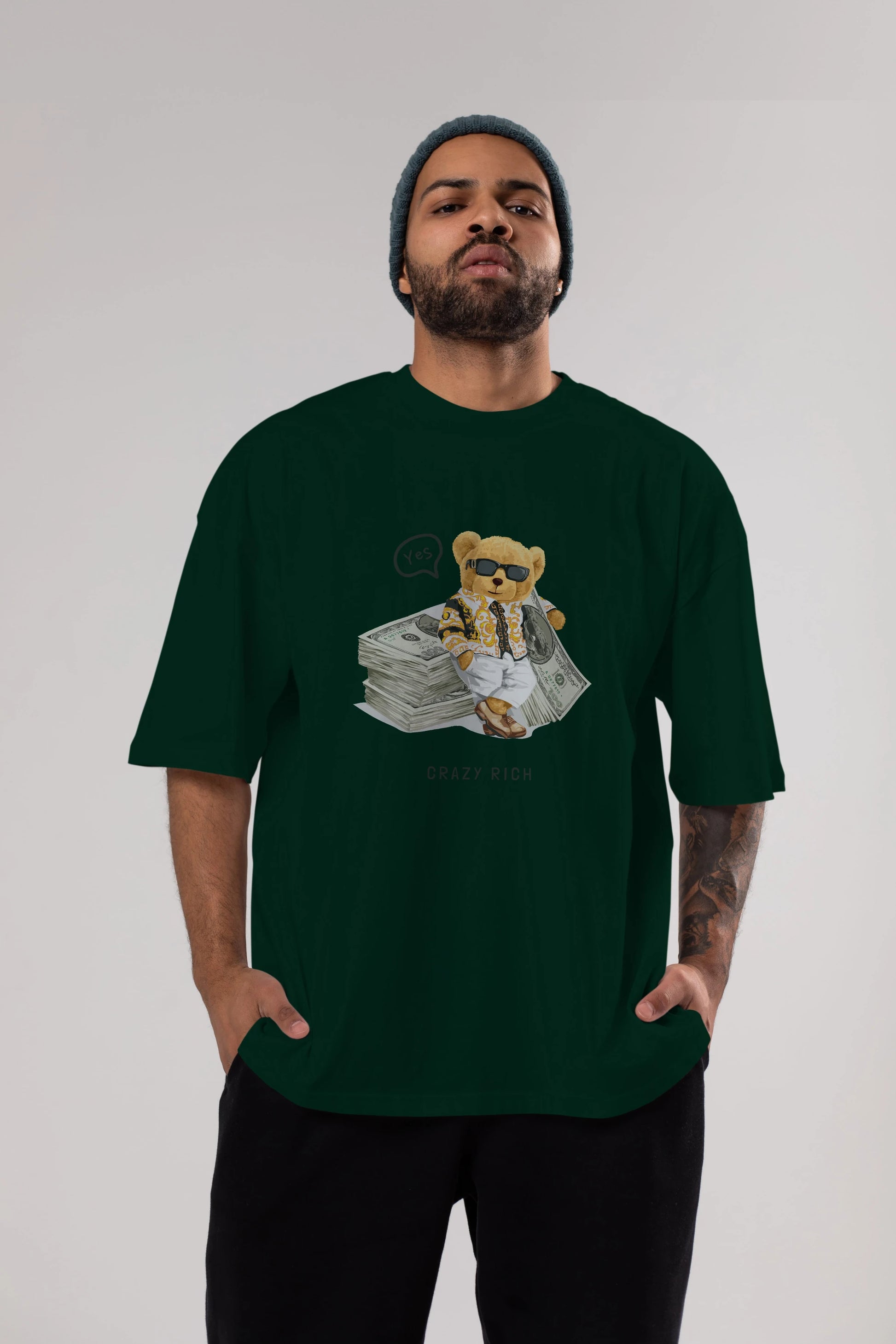 Teddy Bear Crazy Rich Ön Baskılı Oversize t-shirt Erkek Kadın Unisex %100 Pamuk