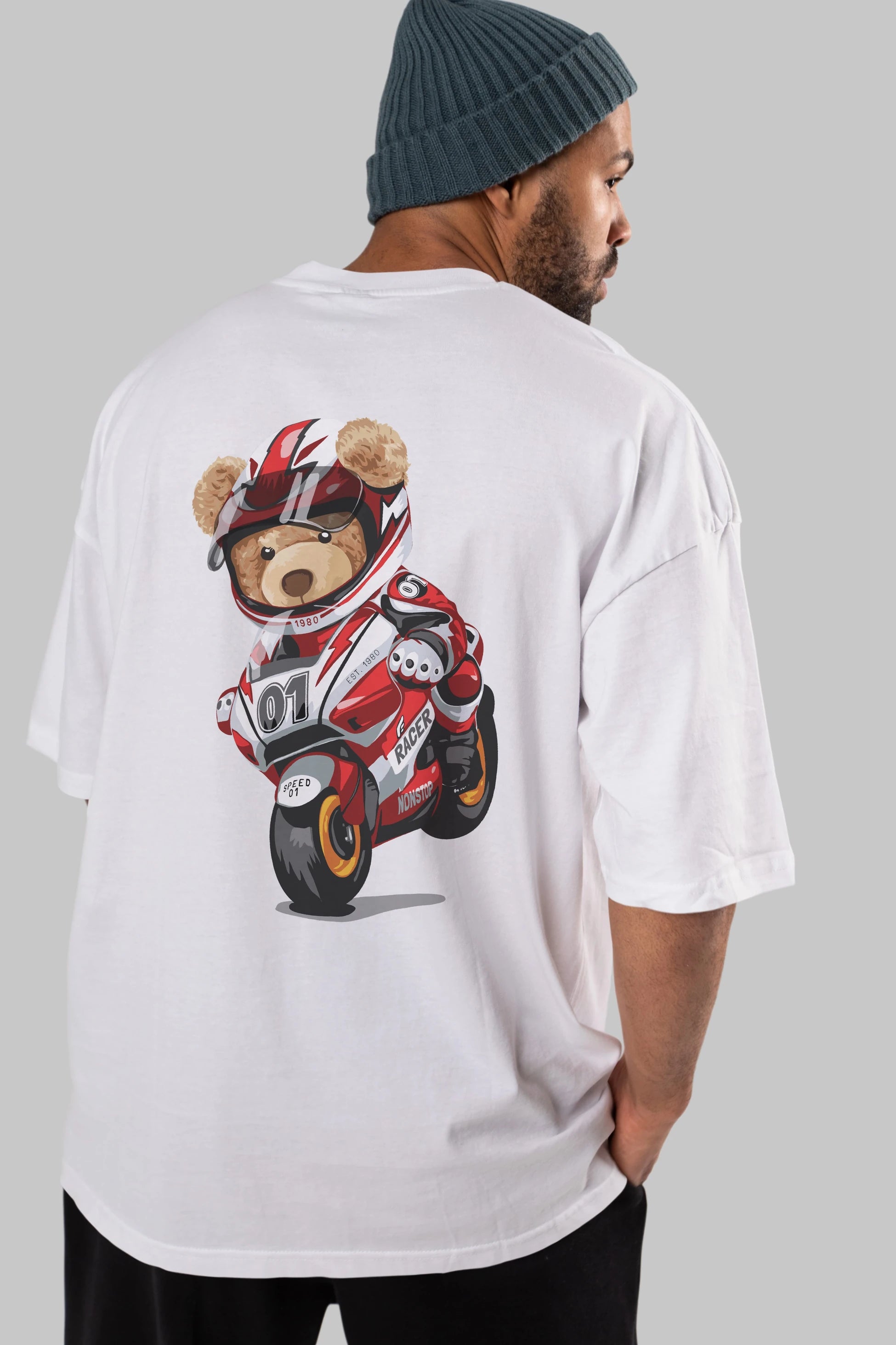 Teddy Bear Racer Arka Baskılı Oversize t-shirt Erkek Kadın Unisex %100 Pamuk