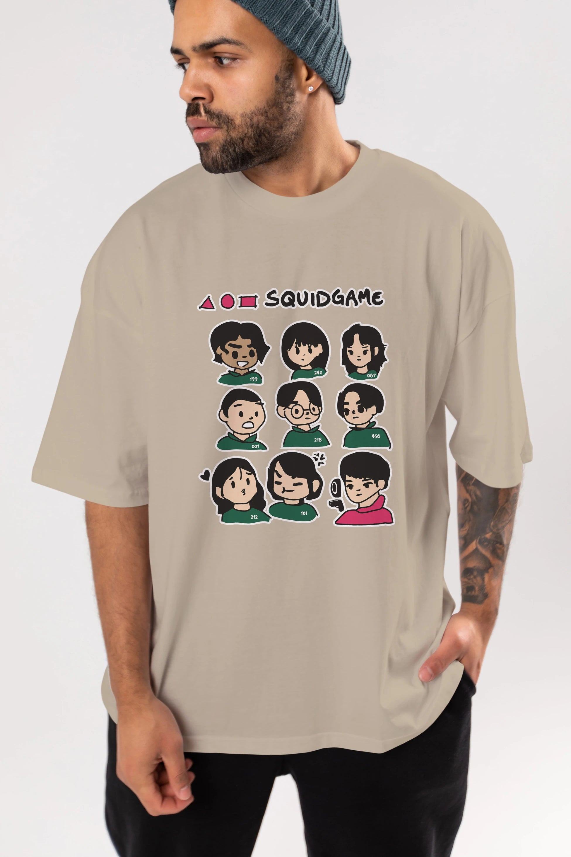 Squid Game (3) Ön Baskılı Oversize t-shirt Erkek Kadın Unisex %100 Pamuk Bisiklet Yaka tişort