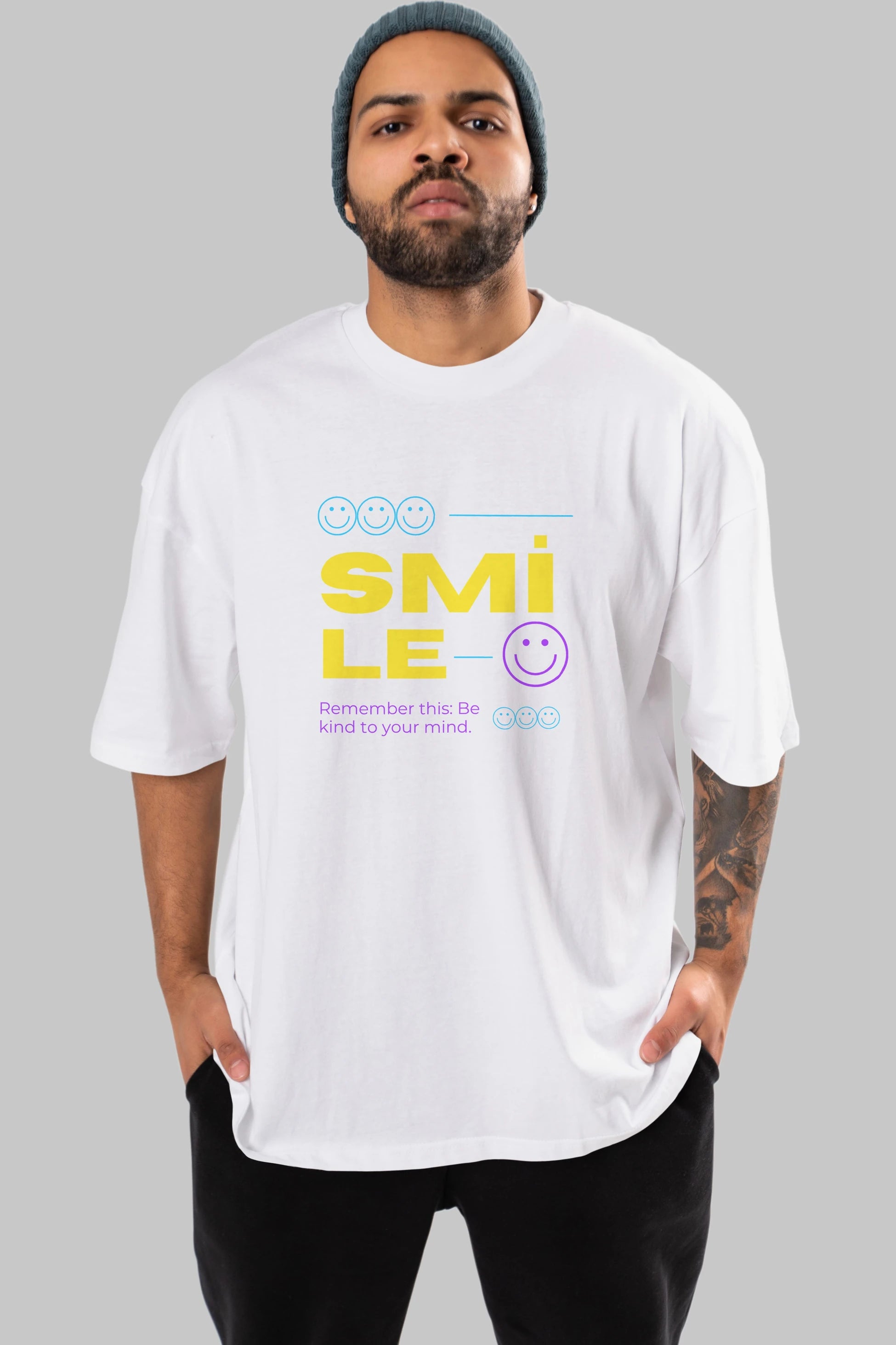Smile Yazılı 2 Ön Baskılı Oversize t-shirt Erkek Kadın Unisex