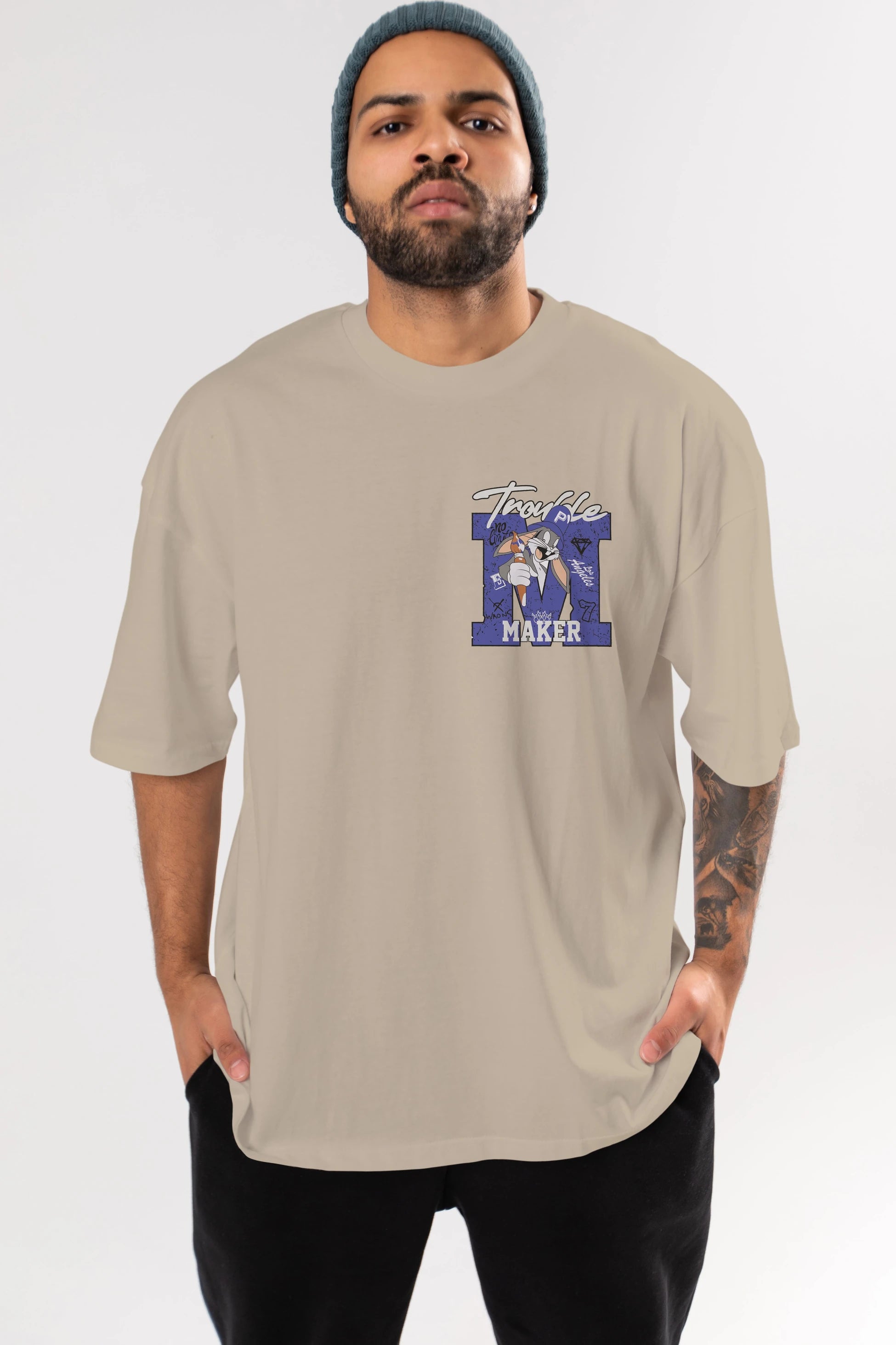 Bugs Bunny Ön Sol Baskılı Oversize t-shirt Erkek Kadın Unisex %100 Pamuk Bisiklet Yaka tişort
