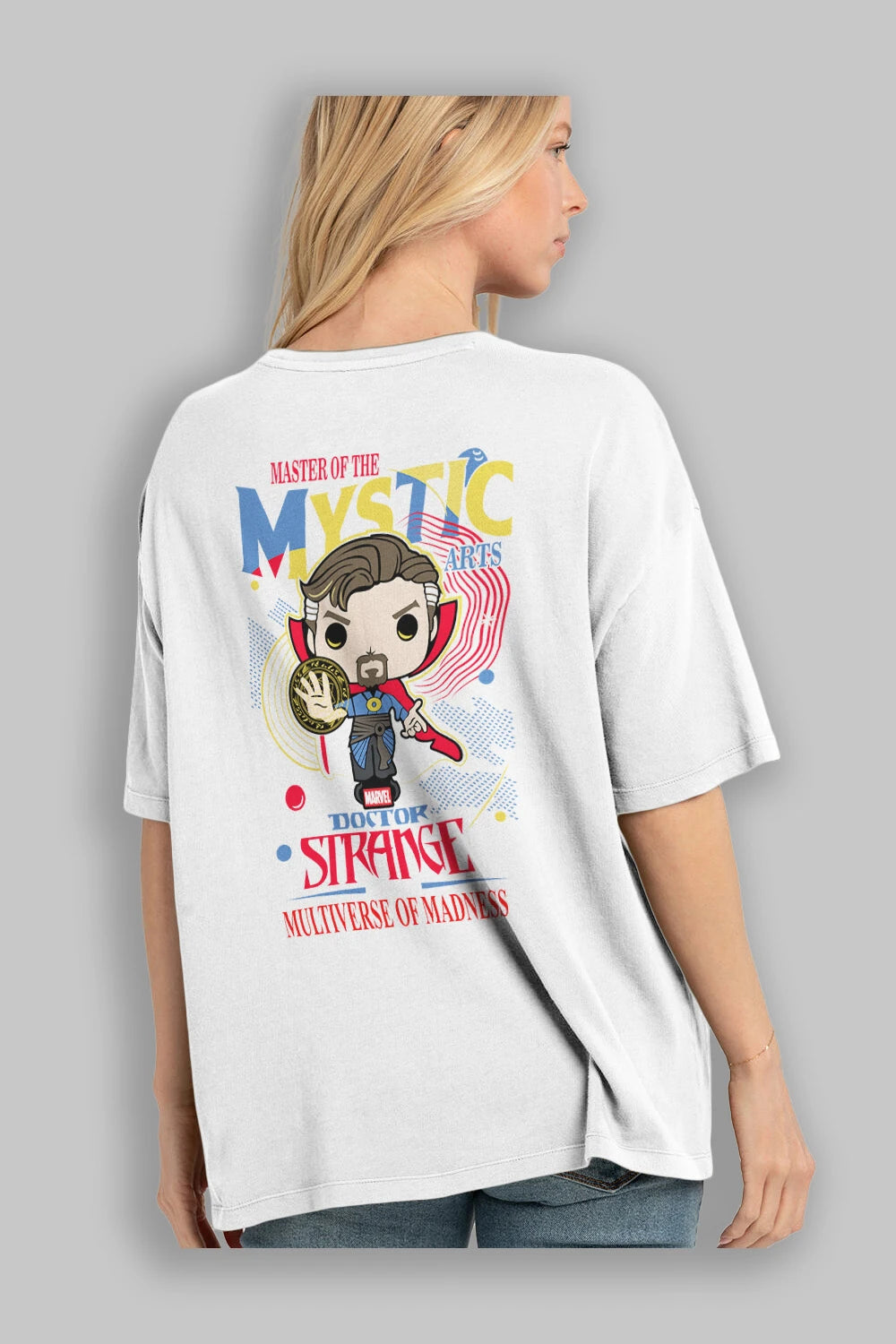 Doctor Strange Arka Baskılı Oversize t-shirt Erkek Kadın Unisex %100 Pamuk Bisiklet Yaka tişort