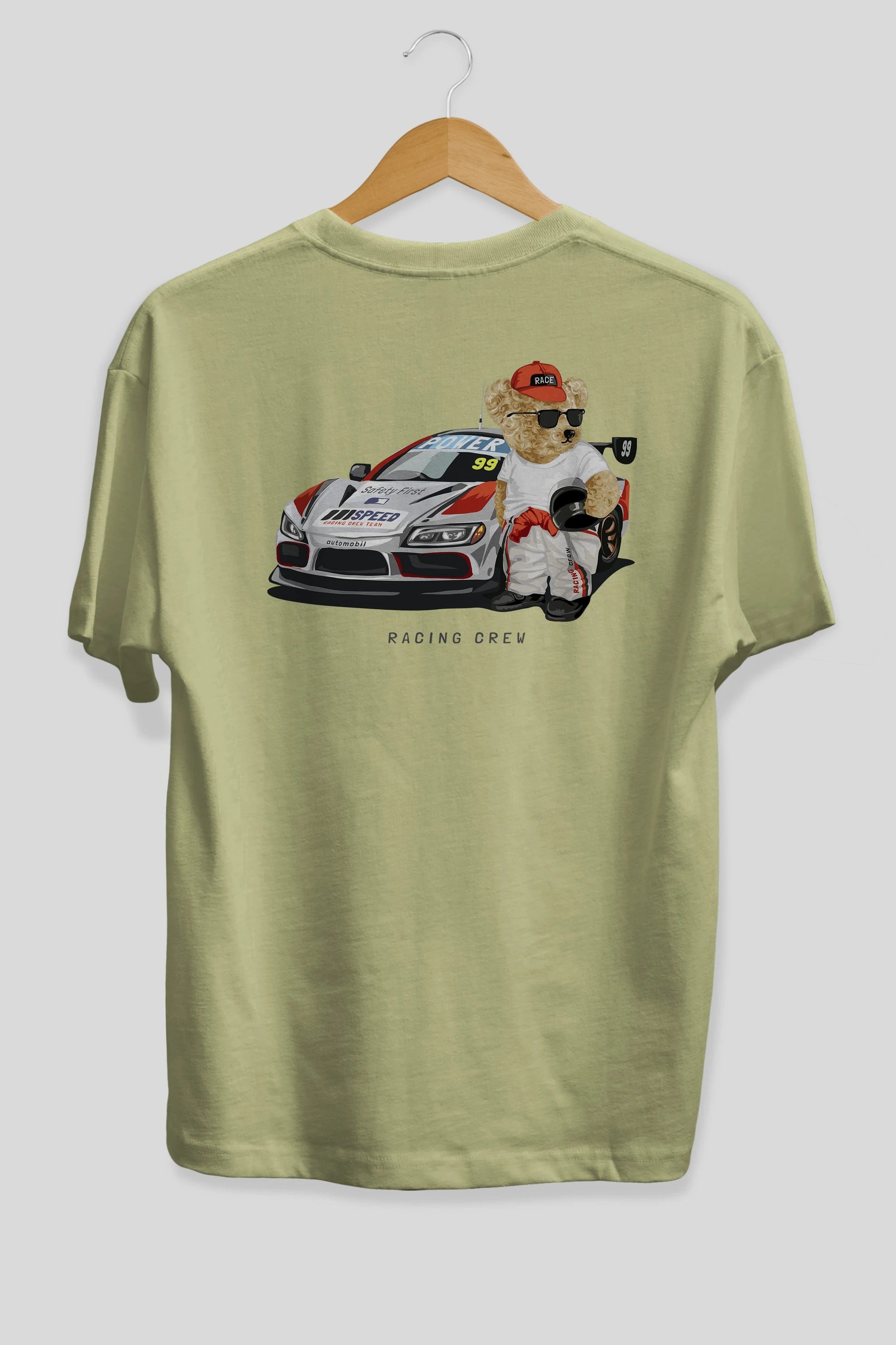 Teddy Bear Racing Crew Arka Baskılı Oversize t-shirt Erkek Kadın Unisex %100 Pamuk