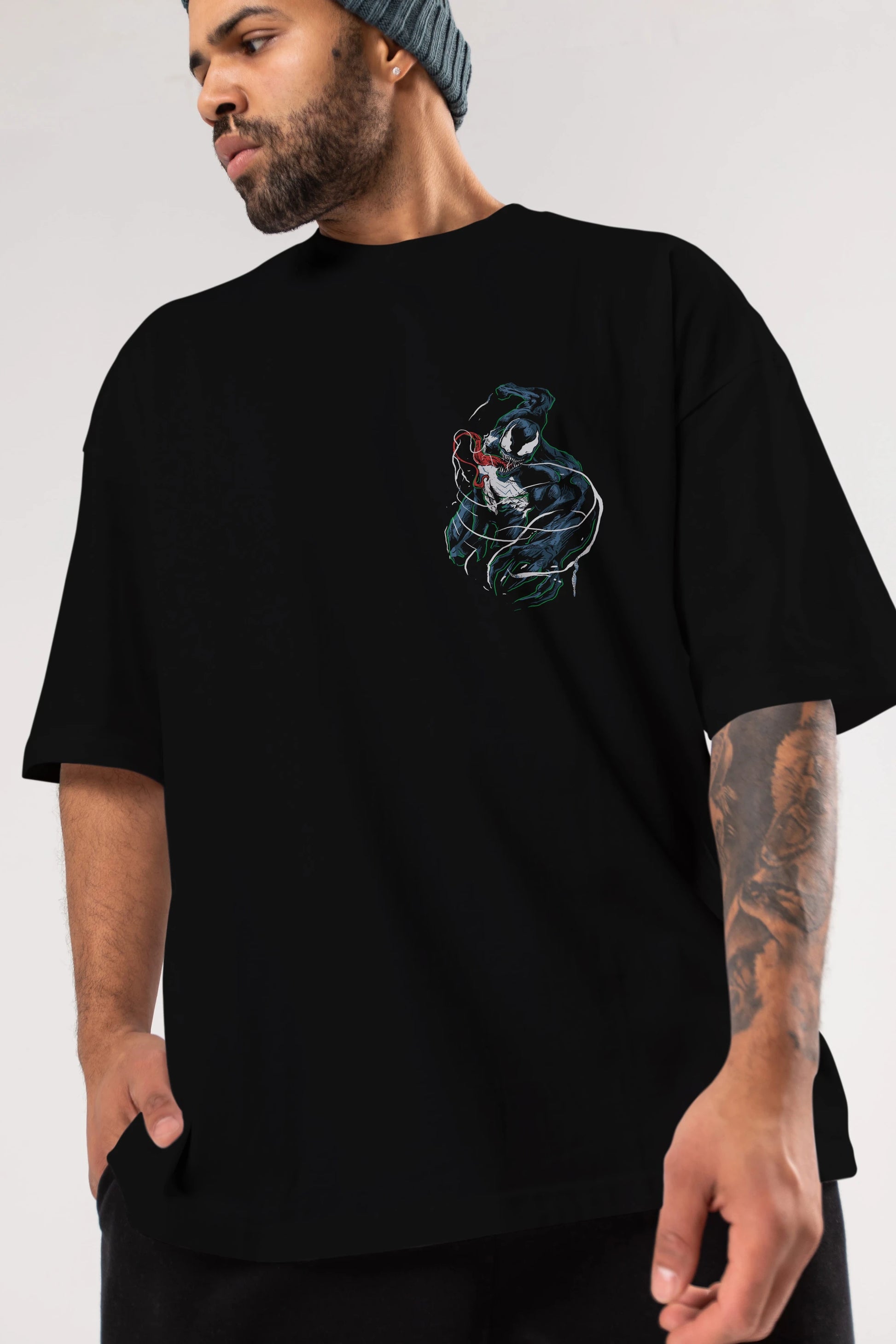 Venom (5) Ön Sol Baskılı Oversize t-shirt Erkek Kadın Unisex %100 Pamuk Bisiklet Yaka tişort