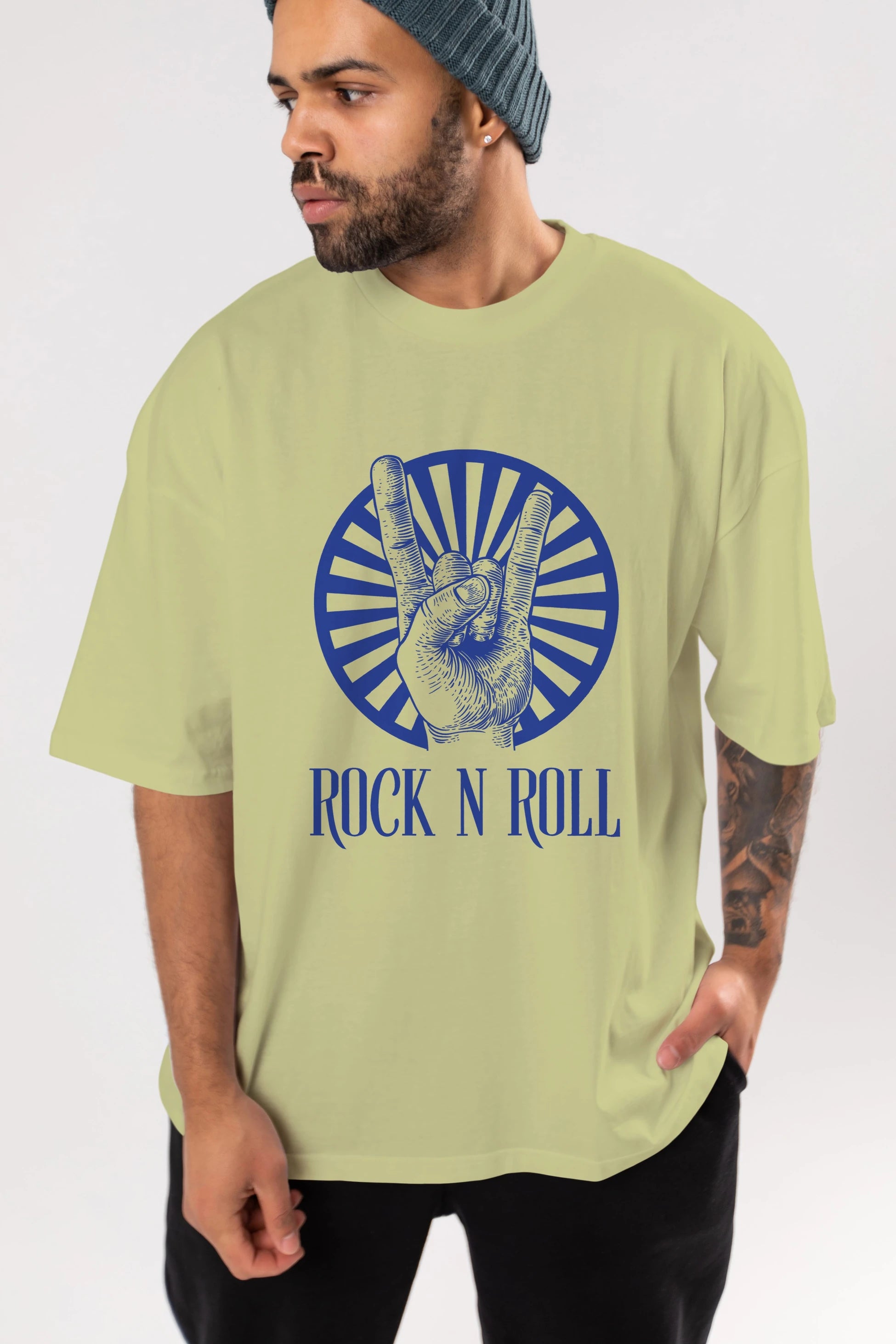 Rock N Roll Yazılı Ön Baskılı Oversize t-shirt Erkek Kadın Unisex