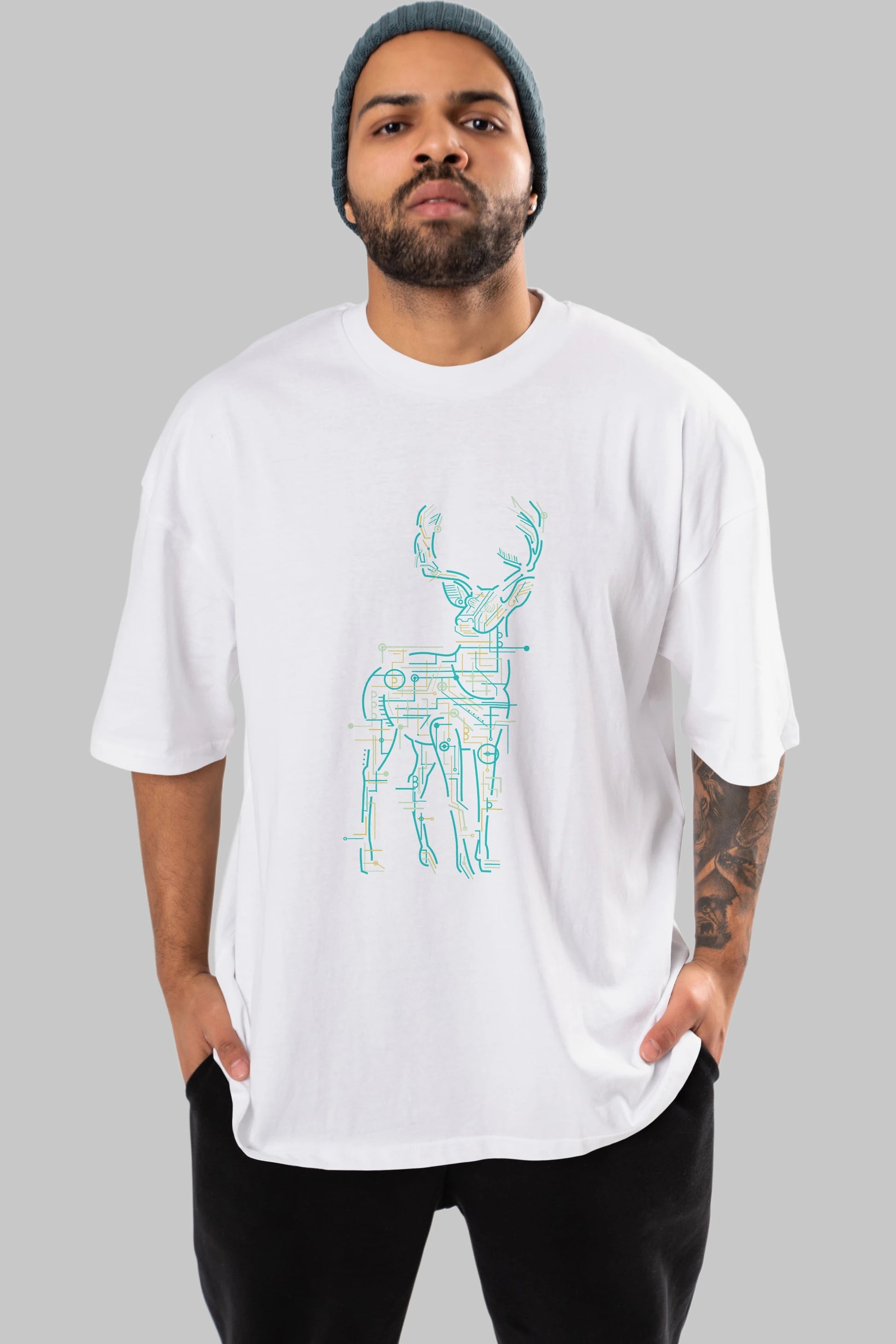Electric Deer Ön Baskılı Oversize t-shirt %100 pamuk Erkek Kadın Unisex