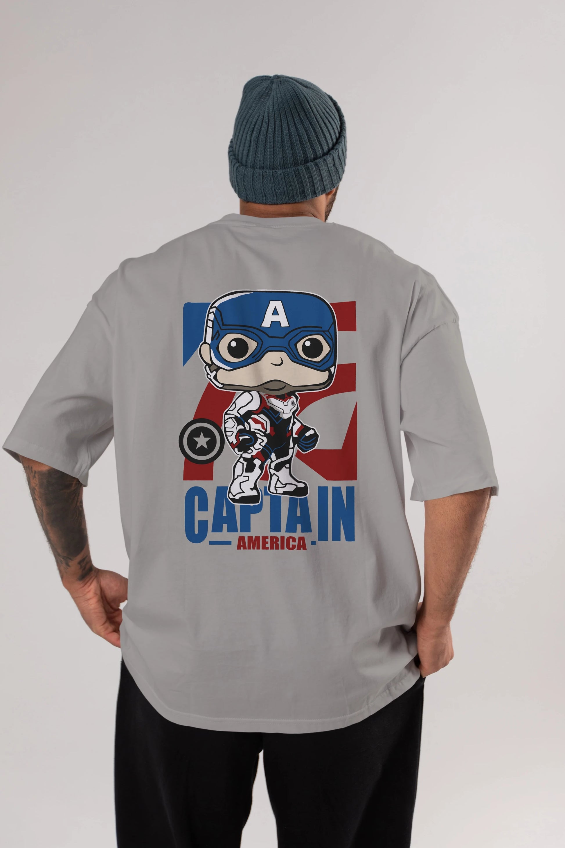 Captain America Arka Baskılı Oversize t-shirt Erkek Kadın Unisex %100 Pamuk Bisiklet Yaka tişort