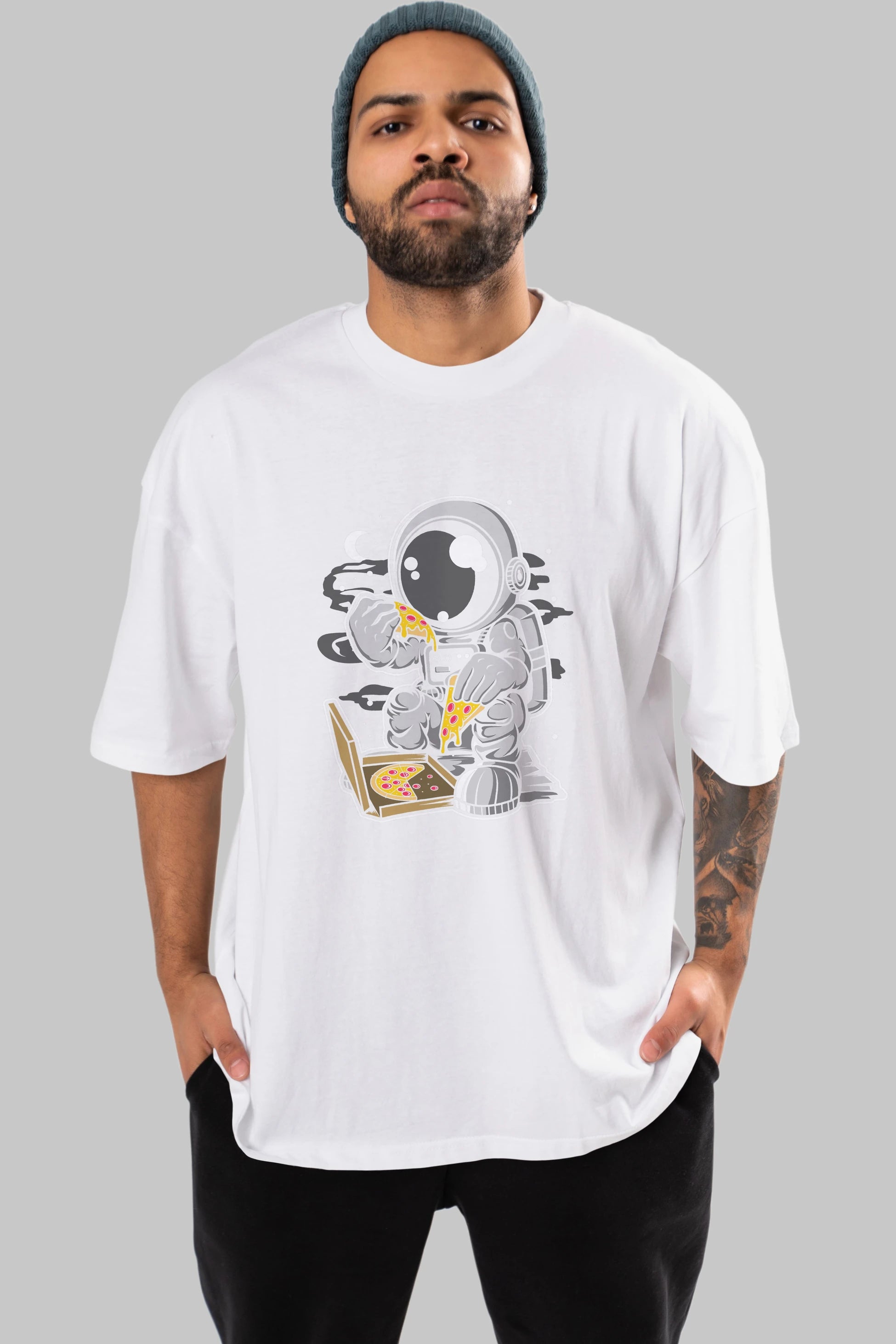 Astronaut Pizza Ön Baskılı Oversize t-shirt Erkek Kadın Unisex