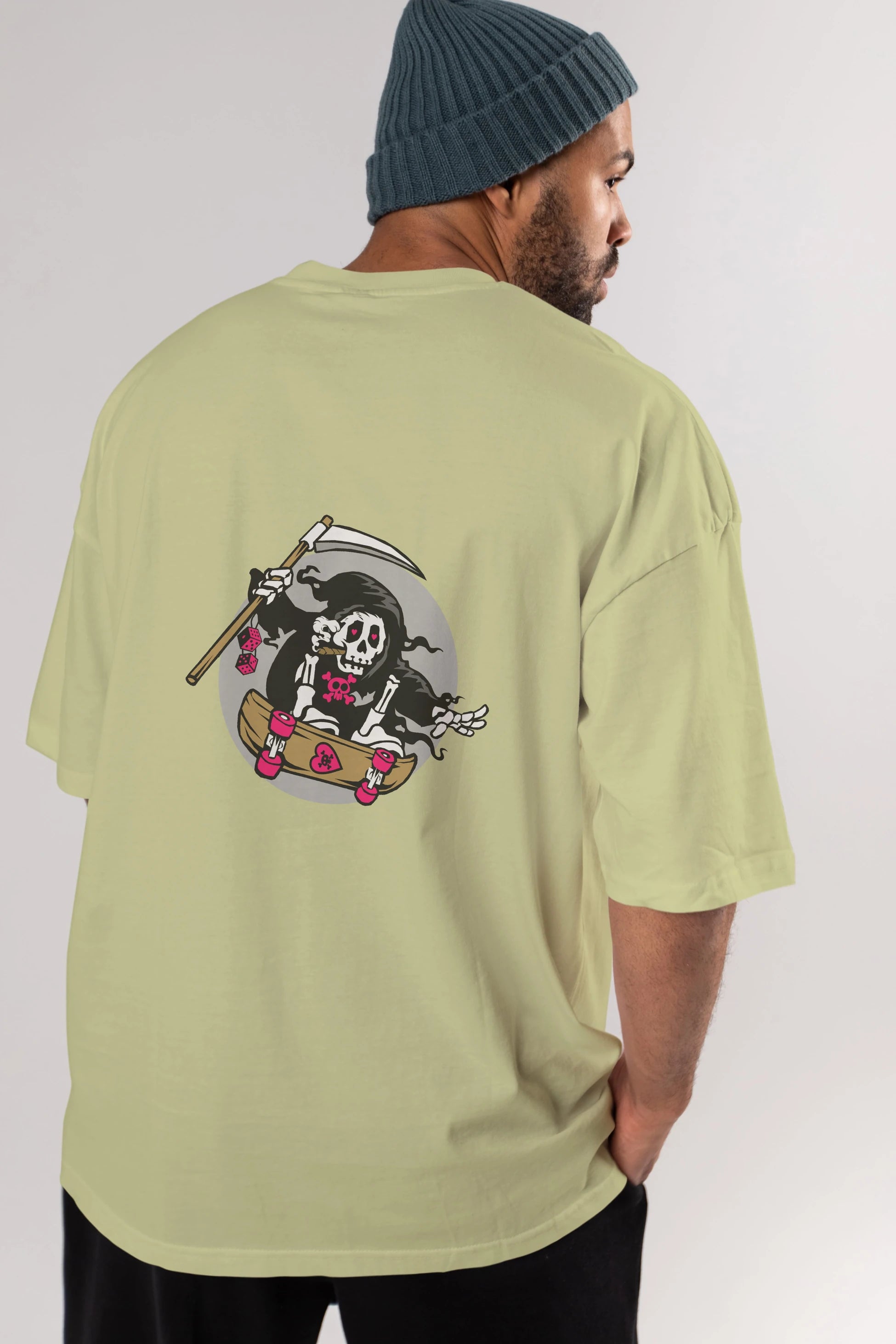 Grim Skater Arka Baskılı Oversize t-shirt Erkek Kadın Unisex %100 Pamuk tişort