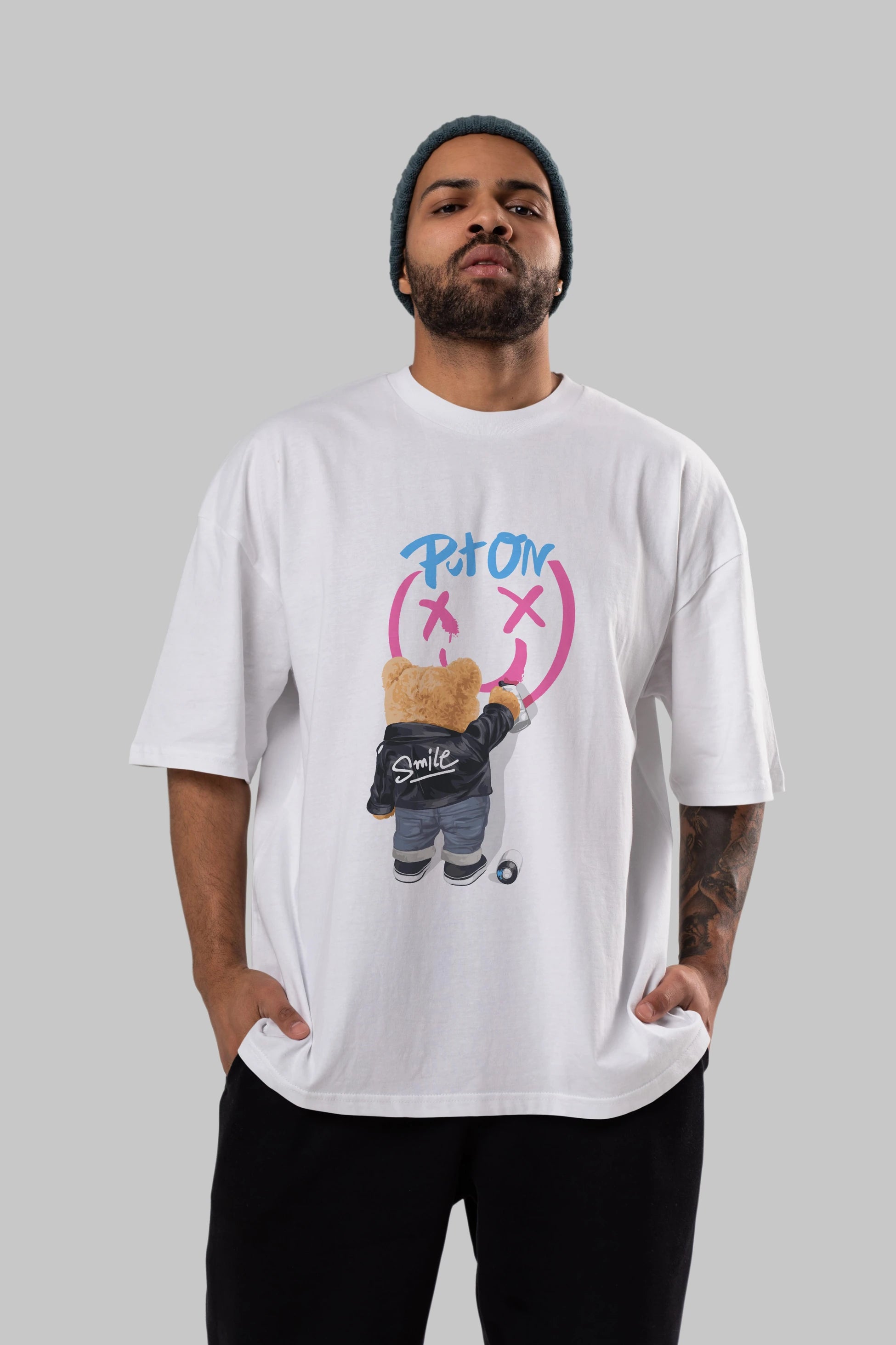 Put on Smile Bear Ön Baskılı Oversize t-shirt Erkek Kadın Unisex