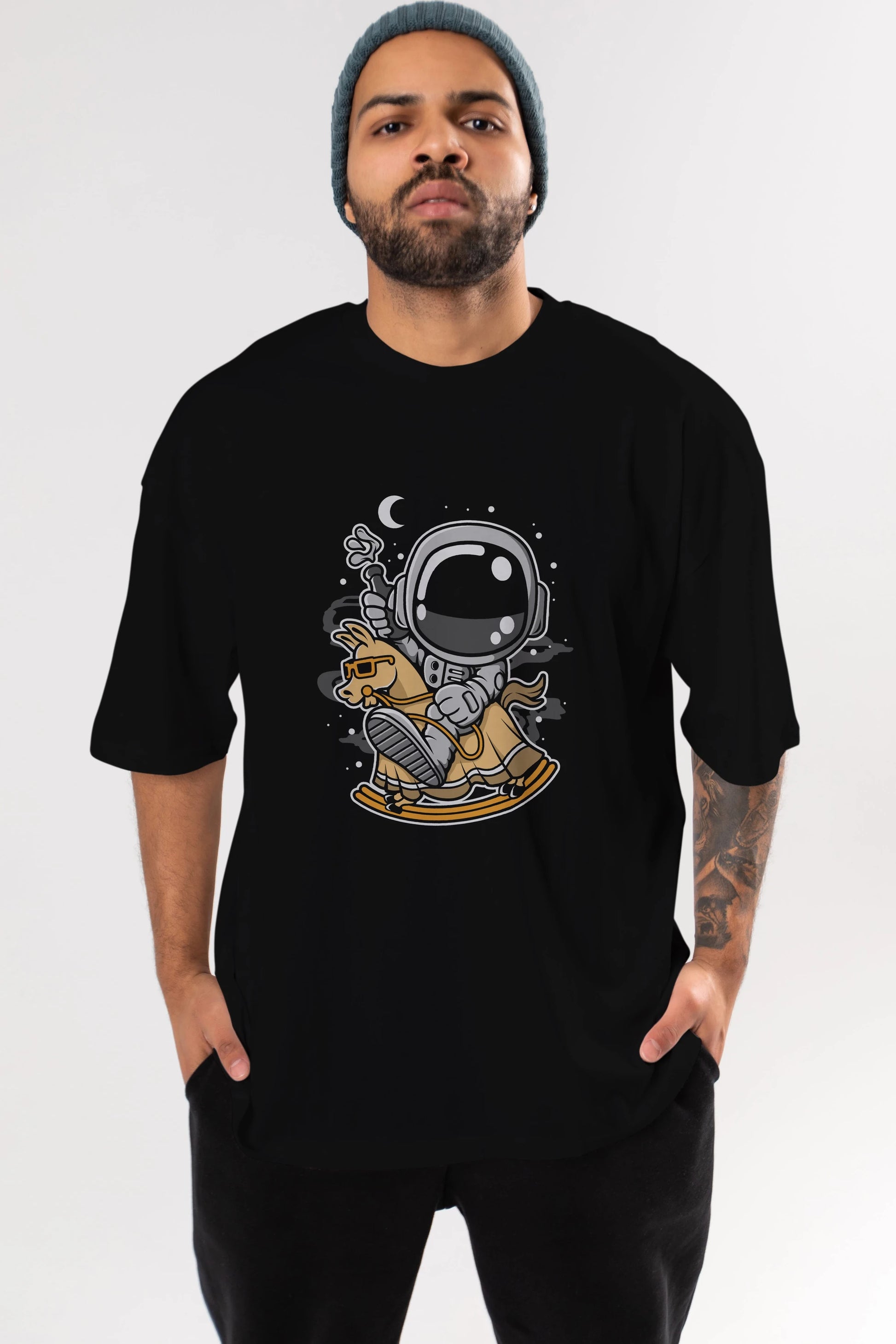 Astronaut RidingToy Horse Ön Baskılı Oversize t-shirt Erkek Kadın Unisex