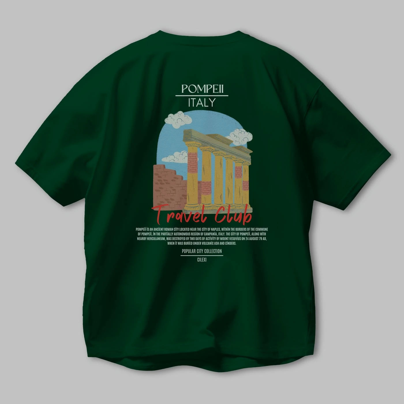 Pompeii İtaly Arka Baskılı Oversize t-shirt Erkek Kadın Pamuk Bisiklet Yaka tişort