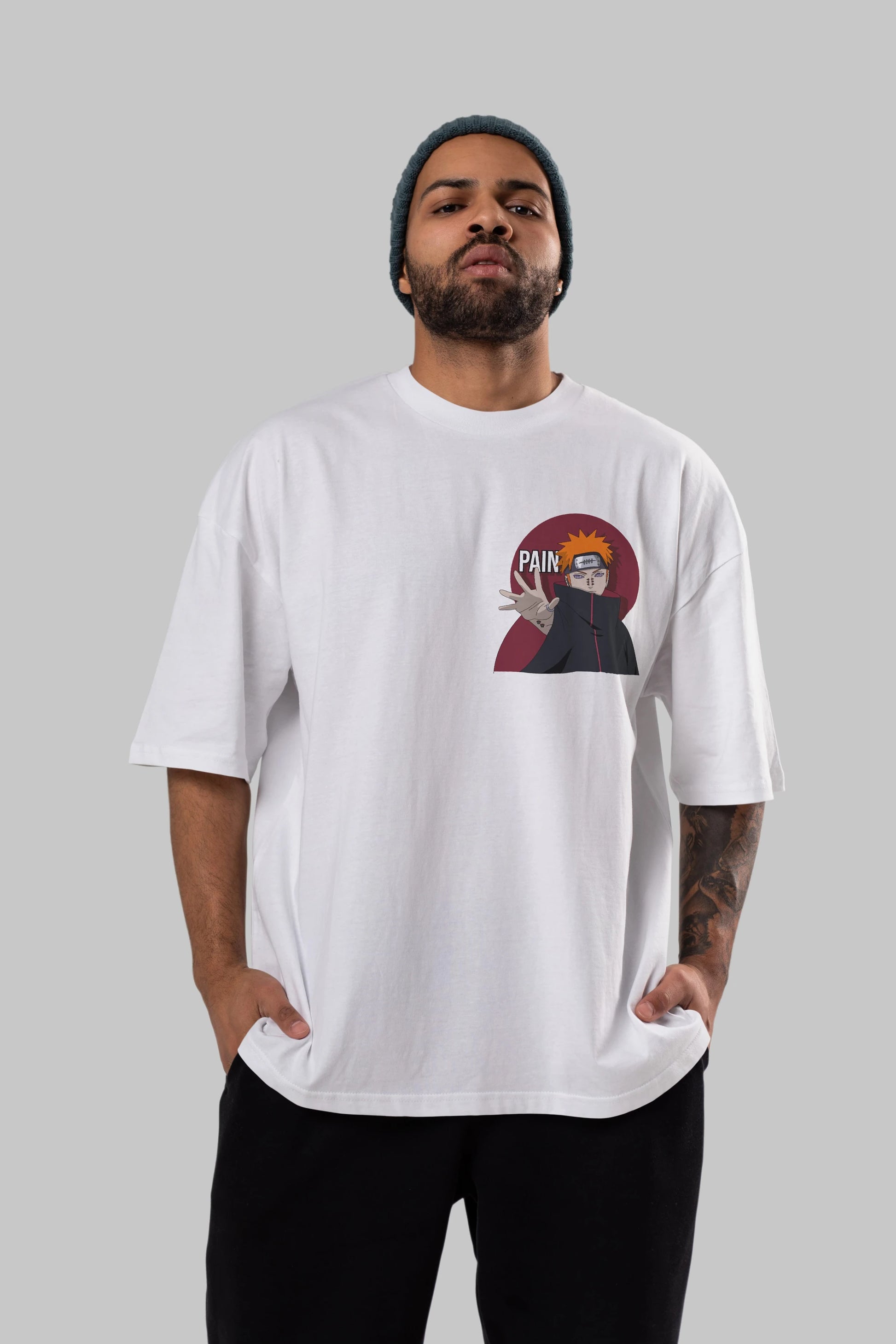 PAIN NARUTO Ön Sol Baskılı Oversize t-shirt Erkek Kadın Unisex %100 Pamuk Bisiklet Yaka tişort