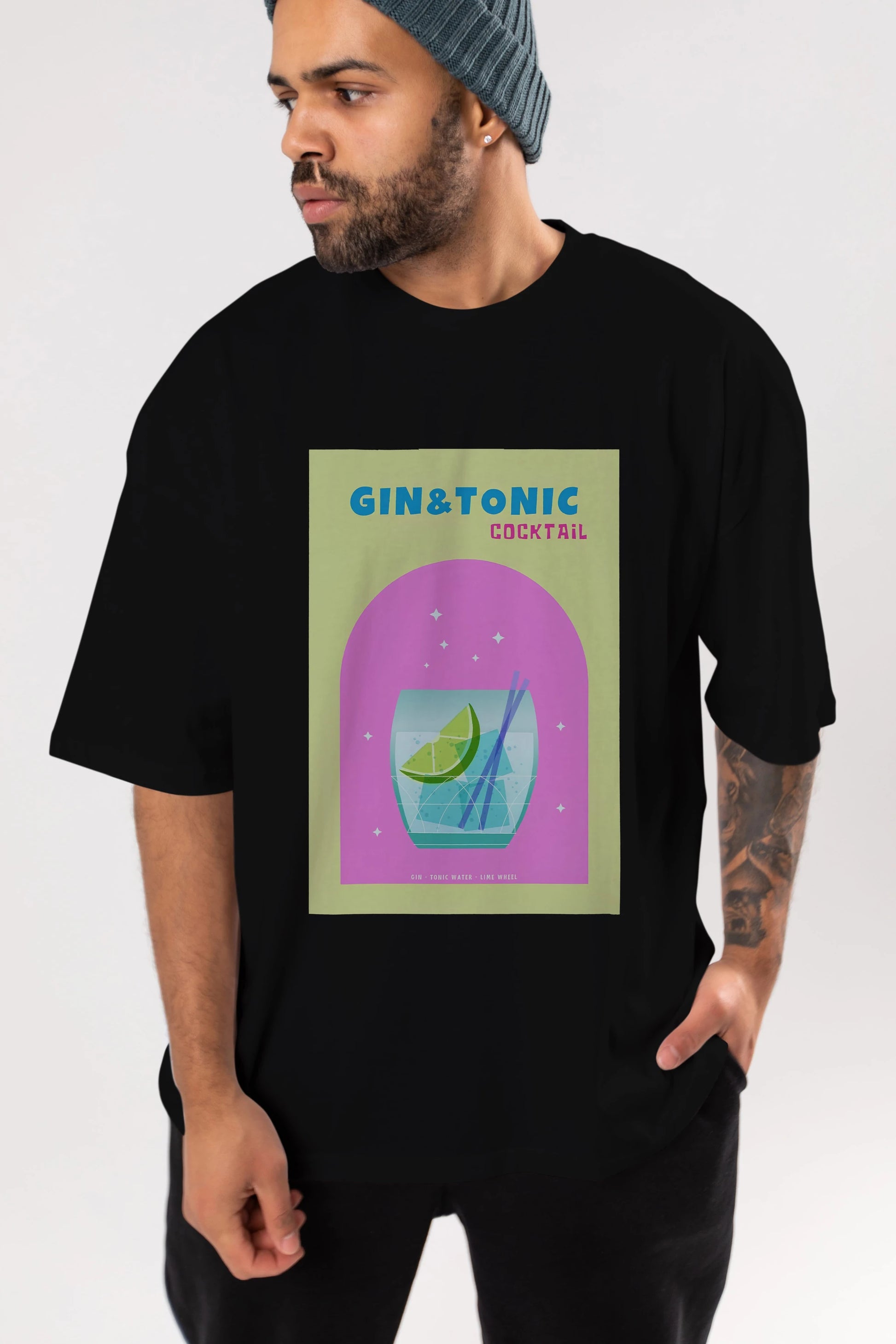 Gin Tonic Cocktail Ön Baskılı Oversize t-shirt Erkek Kadın Unisex %100 Pamuk Bisiklet Yaka tişort
