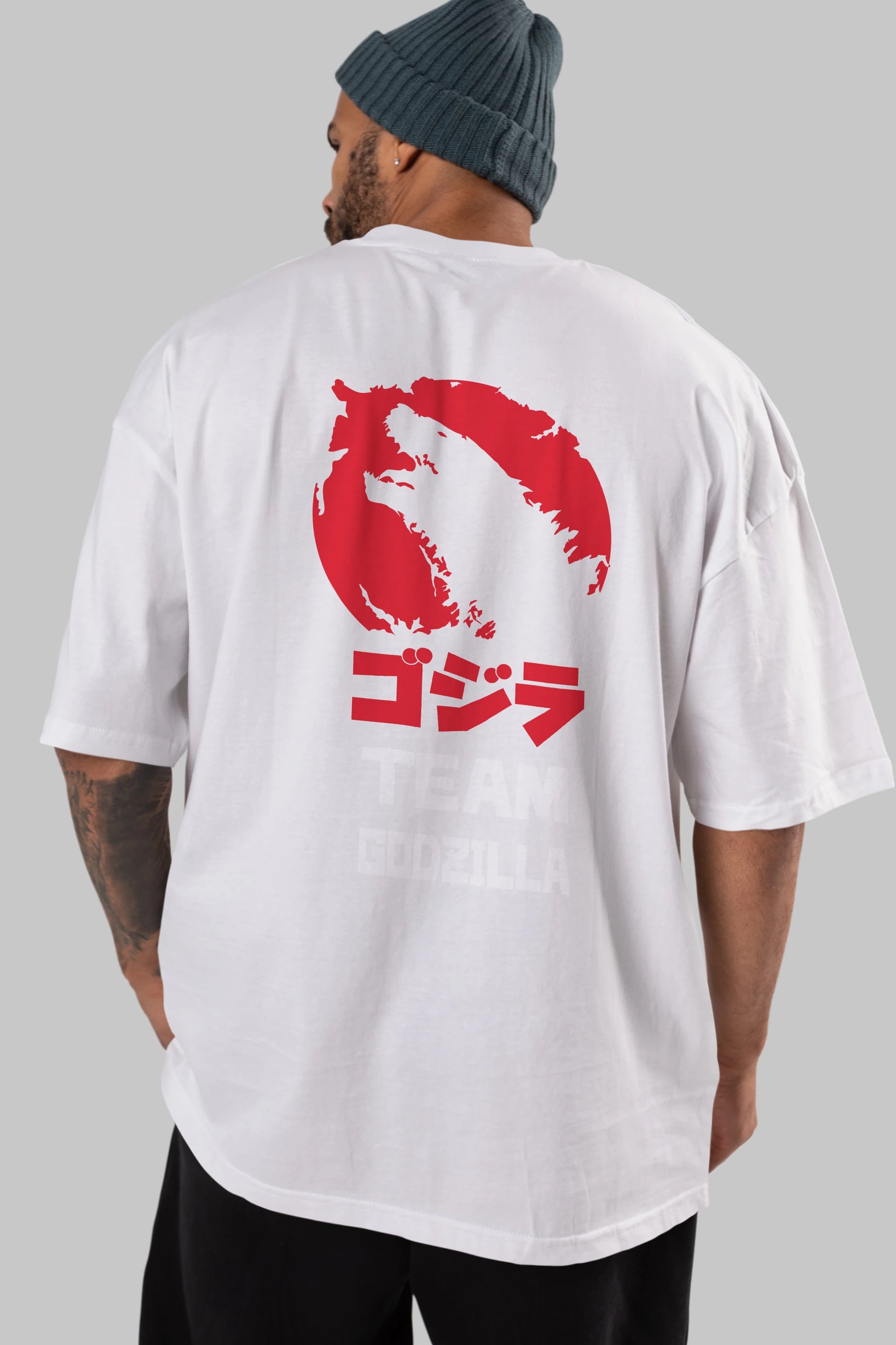 Team Godzilla Arka Baskılı Oversize t-shirt Erkek Kadın Unisex %100 Pamuk Bisiklet Yaka tişort