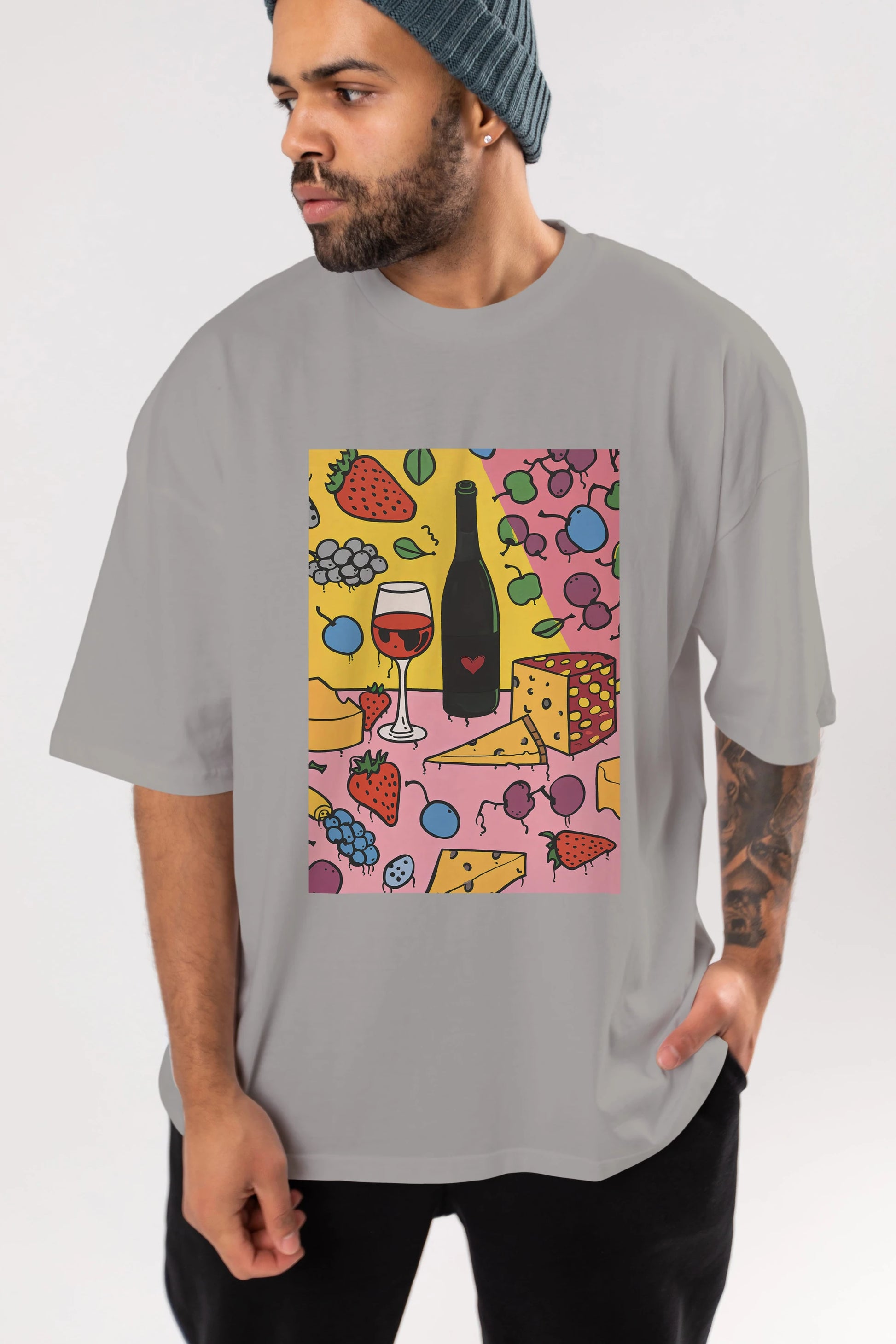 Wine Cheese Fruits Ön Baskılı Oversize t-shirt Erkek Kadın Unisex %100 Pamuk Bisiklet Yaka tişort