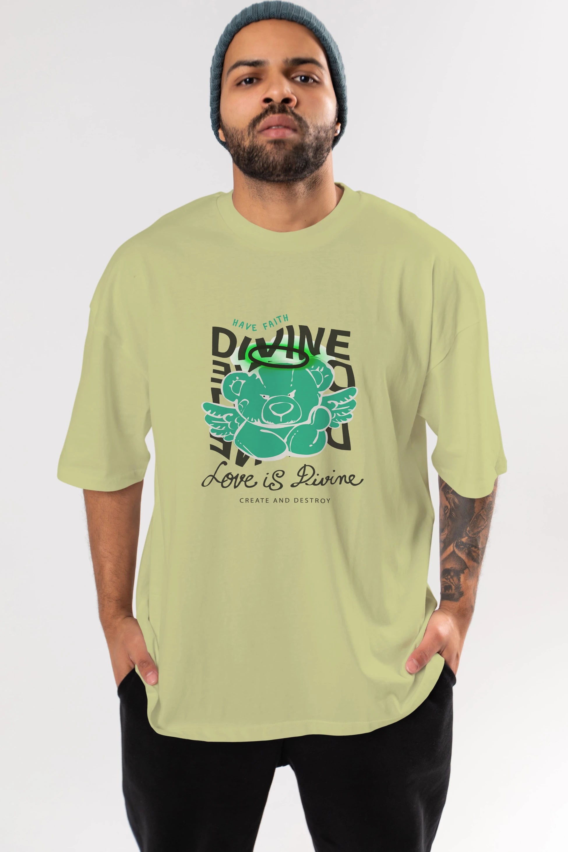 Love is Divine Bear Ön Baskılı Oversize t-shirt Erkek Kadın Unisex