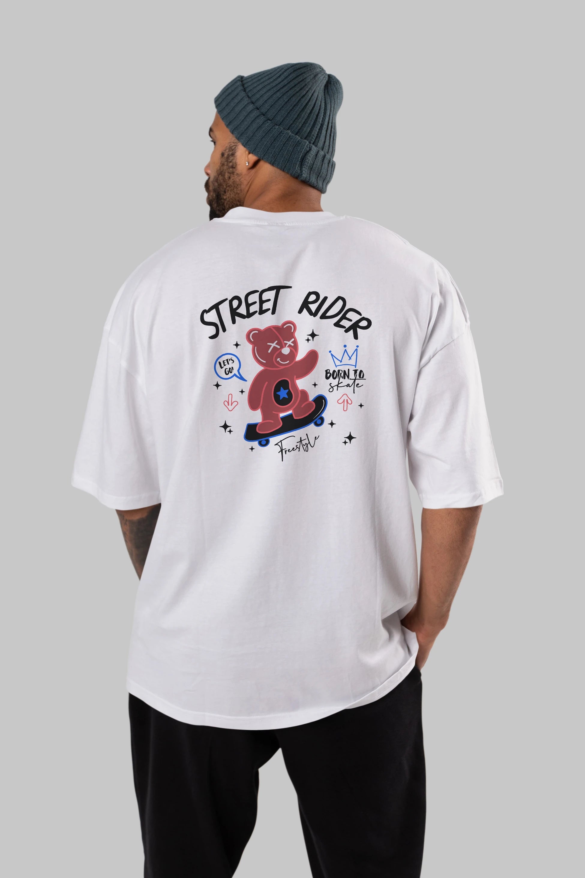 Street Rider Bear Arka Baskılı Oversize t-shirt Erkek Kadın Unisex