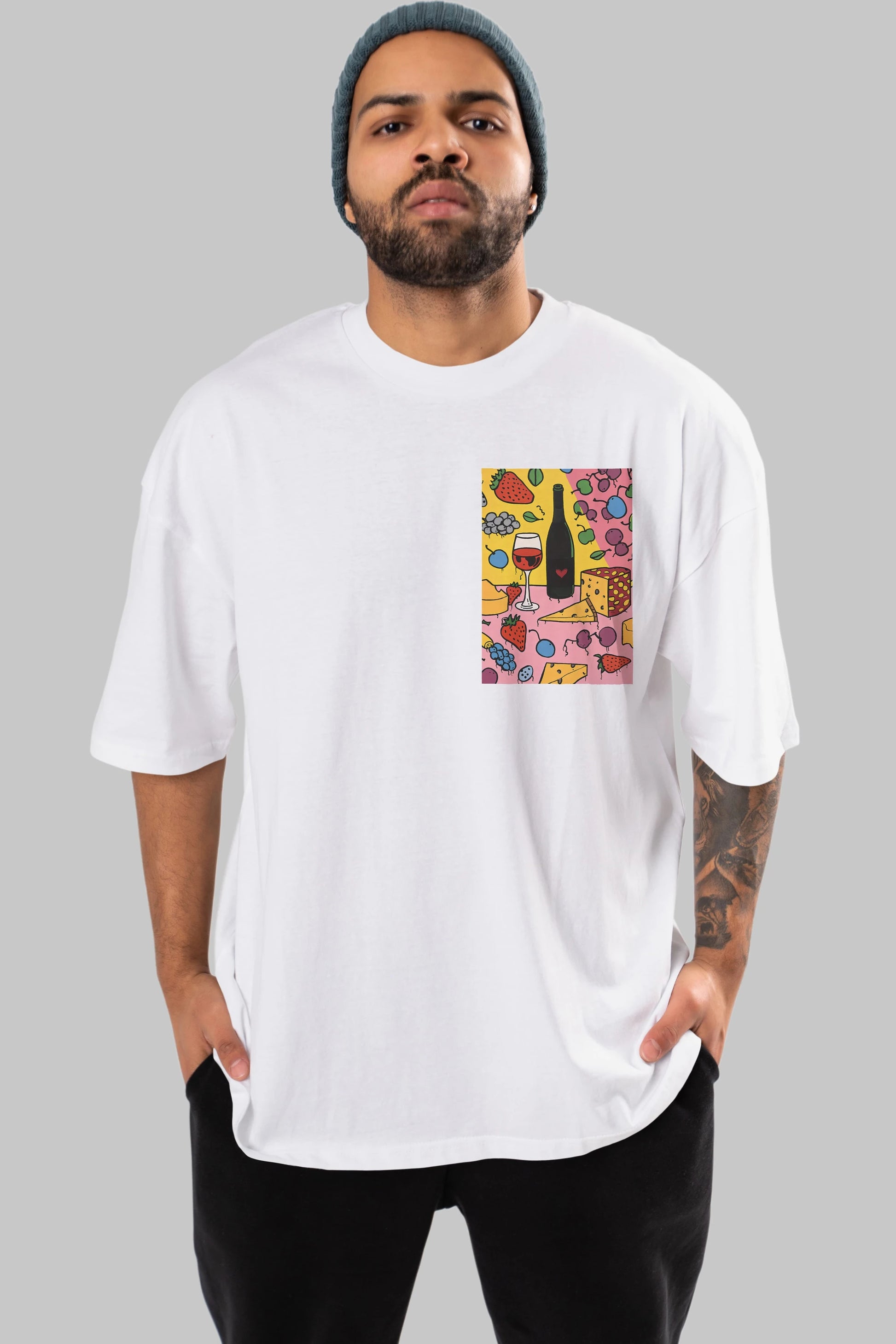 Wine Cheese Fruits Ön Sol Baskılı Oversize t-shirt Erkek Kadın Unisex %100 Pamuk Bisiklet Yaka tişort