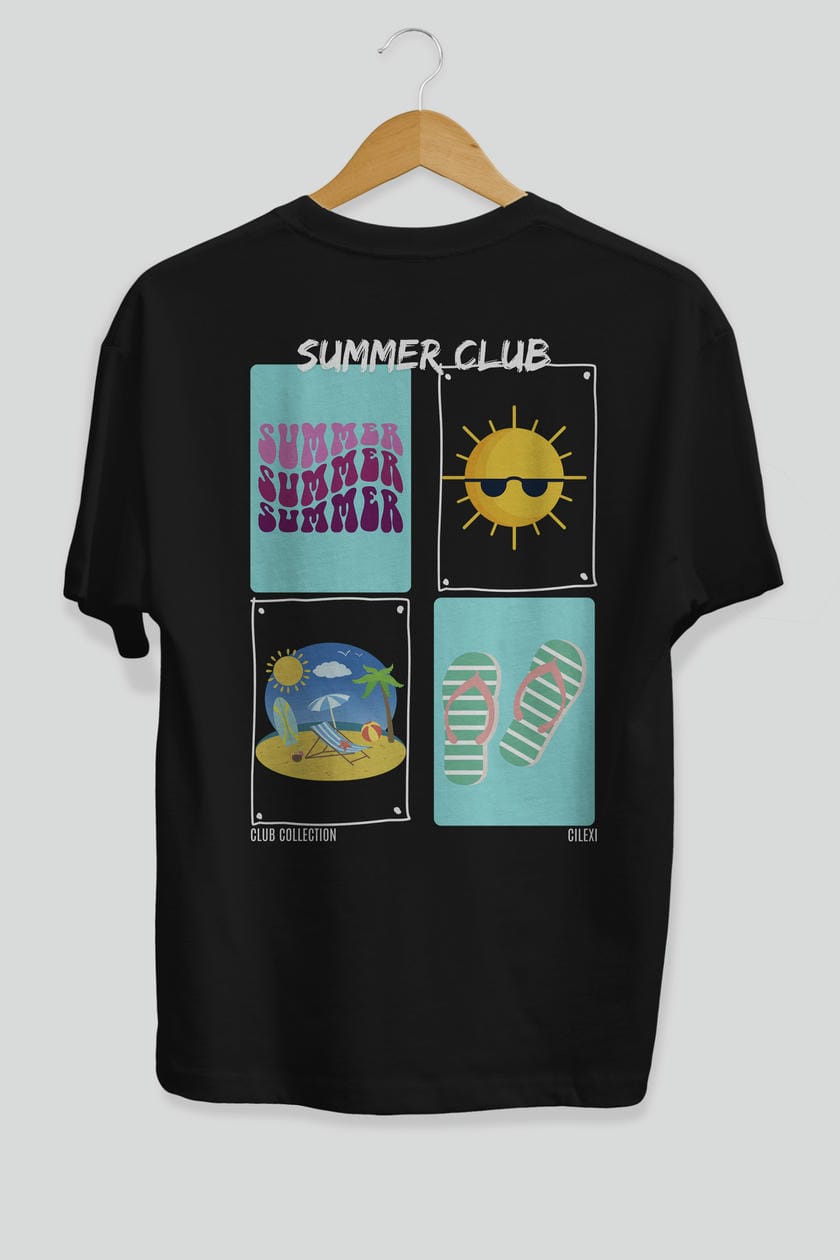 Summer Club Arka Baskılı Oversize t-shirt Erkek Kadın %100 Pamuk Bisiklet Yaka tişort