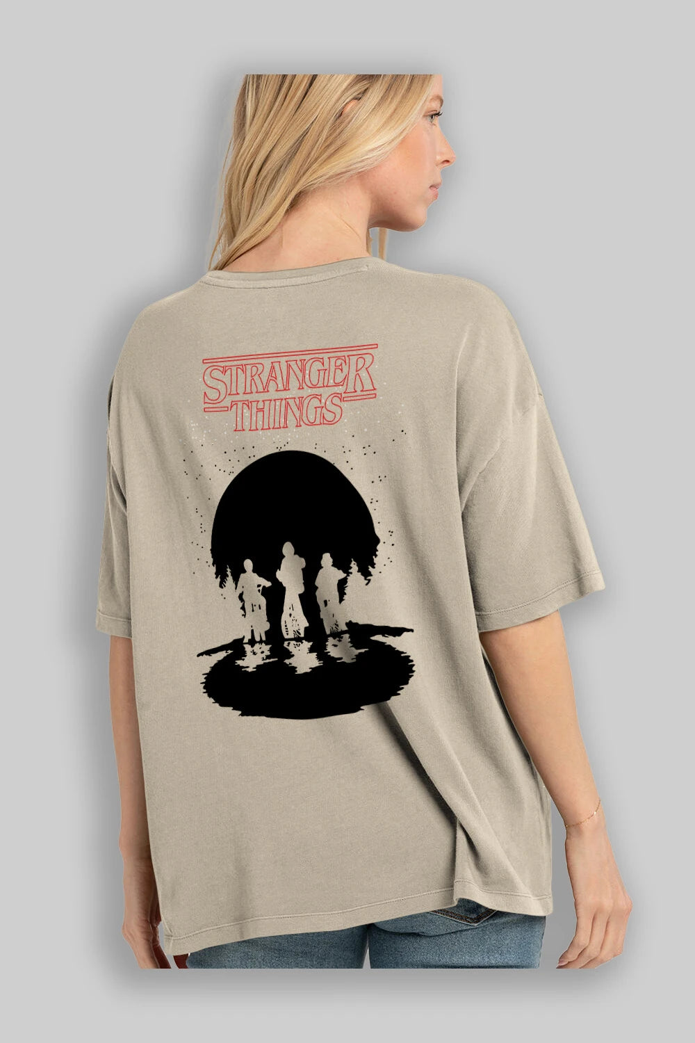 Stranger Things Arka Baskılı Oversize t-shirt Erkek Kadın Unisex %100 Pamuk Bisiklet Yaka tişort