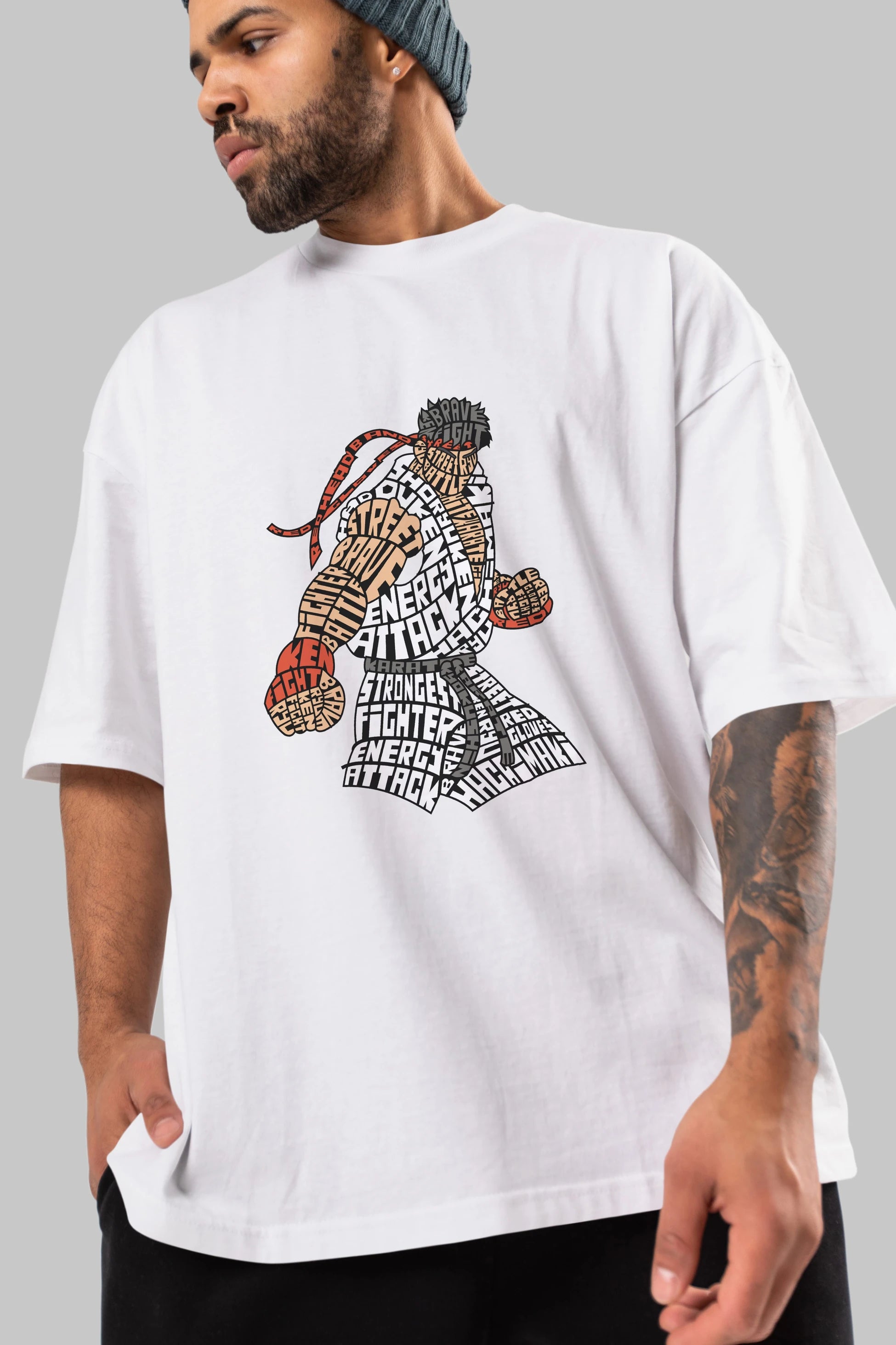Hadouken Ön Baskılı Oversize t-shirt %100 pamuk Erkek Kadın Unisex