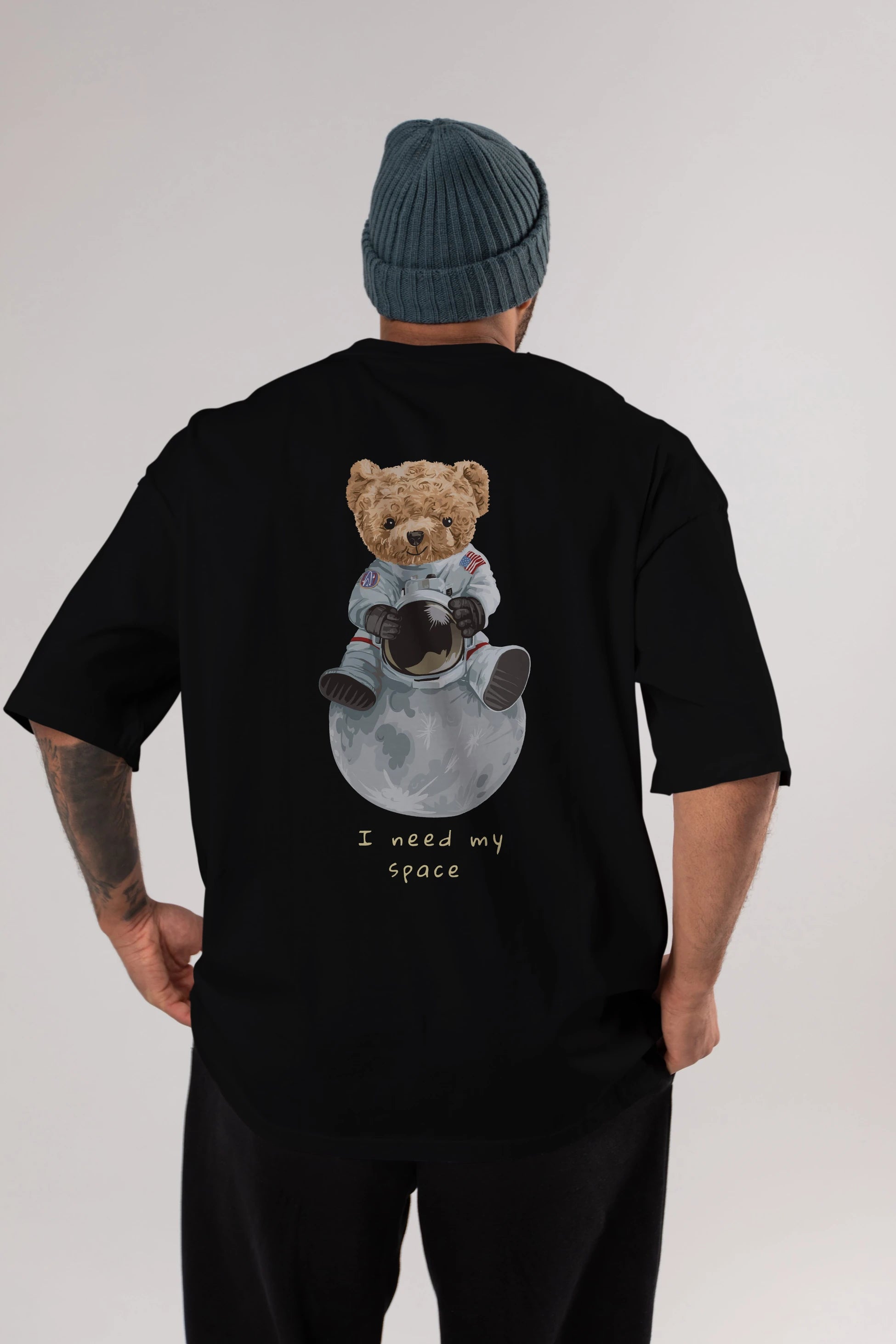 Teddy Bear I Need My Space Arka Baskılı Oversize t-shirt Erkek Kadın Unisex %100 Pamuk