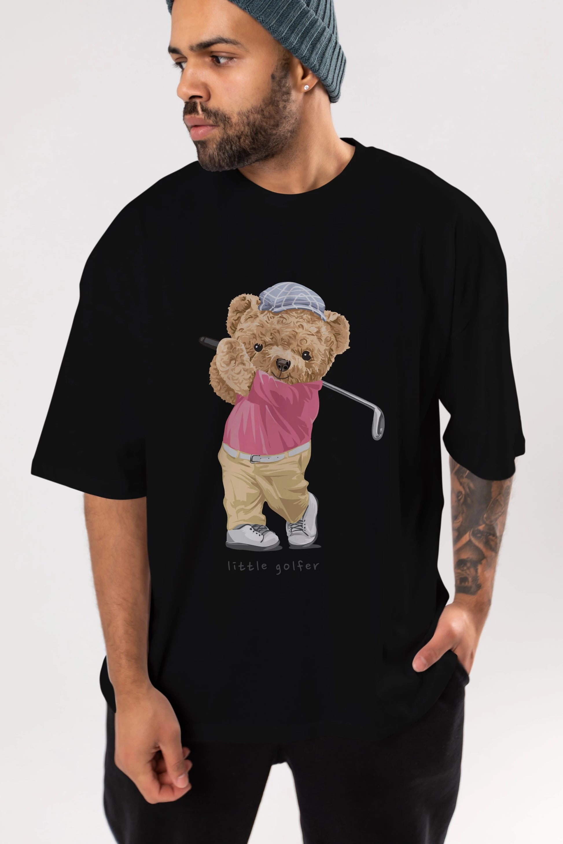 Teddy Bear Little Golfer Ön Baskılı Oversize t-shirt Erkek Kadın Unisex %100 Pamuk
