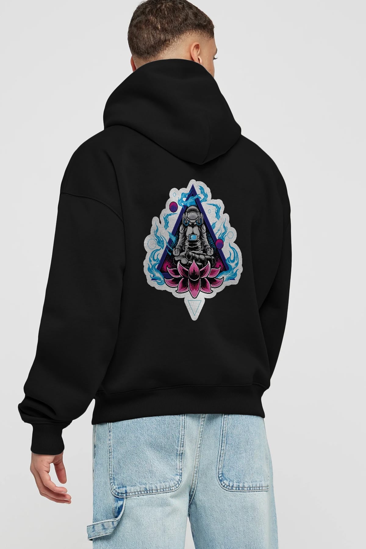 Astronaut Meditation Sticker Arka Baskılı Hoodie Oversize Kapüşonlu Sweatshirt Erkek Kadın Unisex