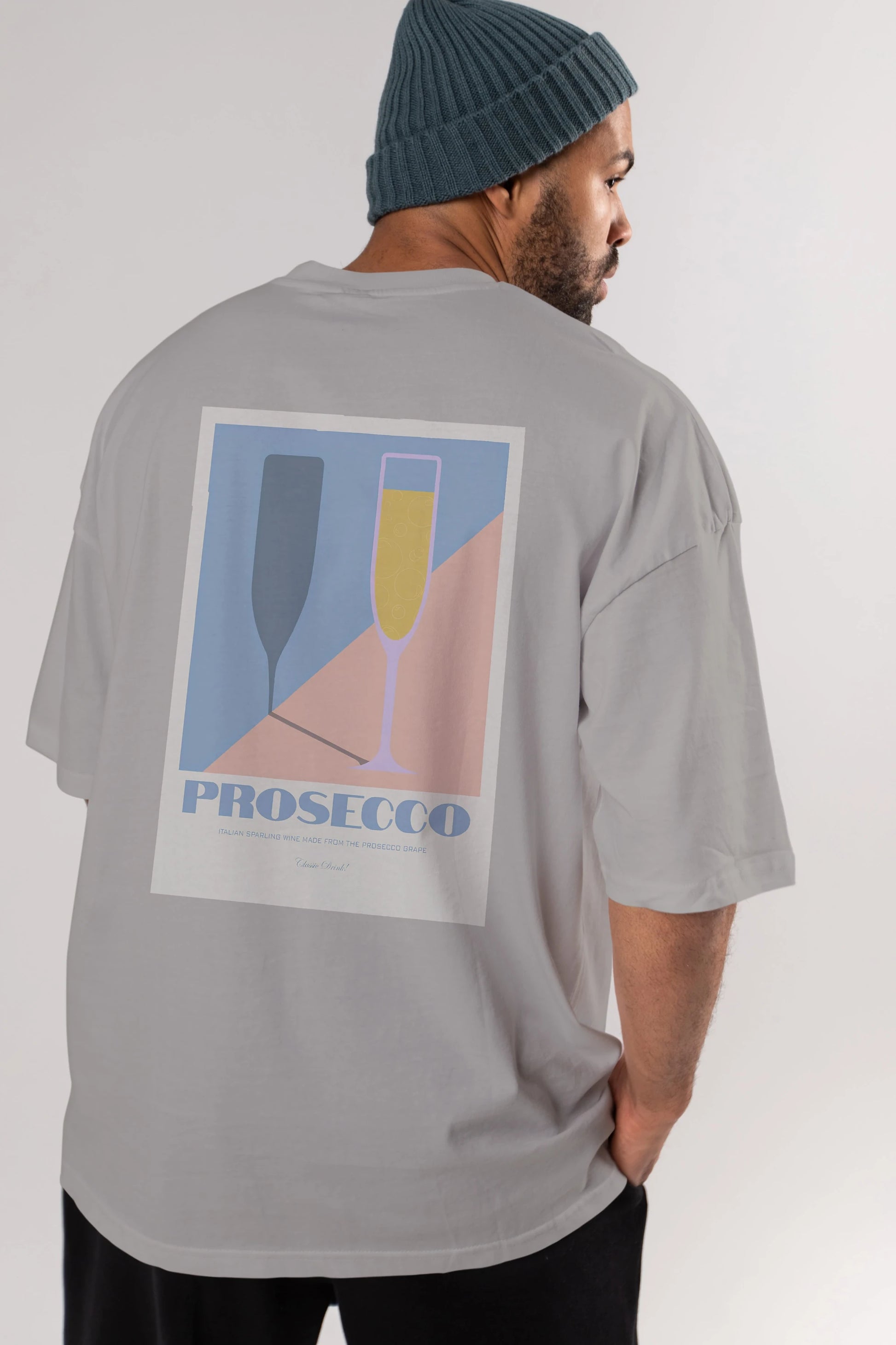 Prosecco Arka Baskılı Oversize t-shirt Erkek Kadın Unisex %100 Pamuk Bisiklet Yaka tişort