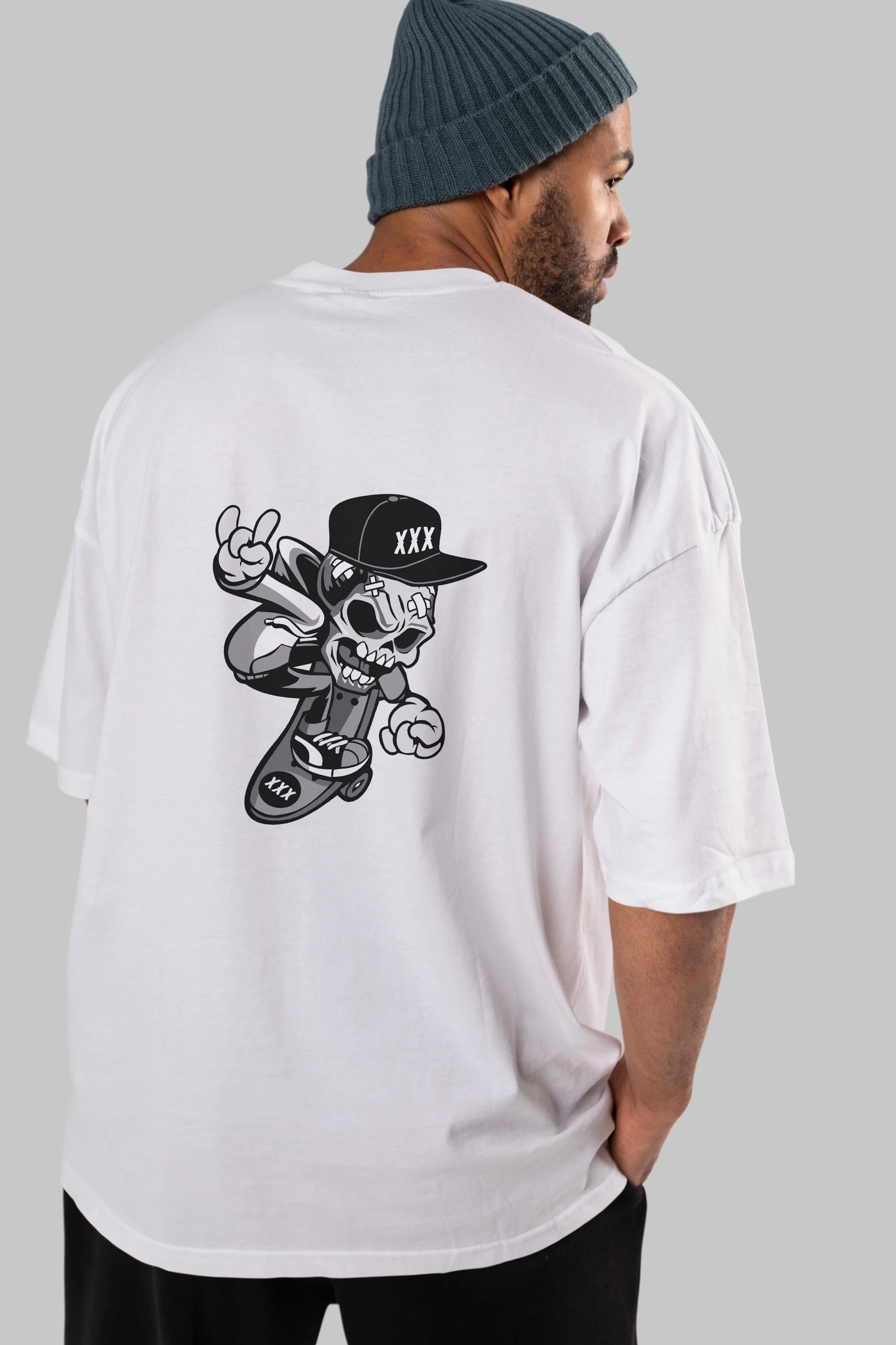 Skull Skateboard Arka Baskılı Oversize t-shirt Erkek Kadın Unisex %100 Pamuk tişort