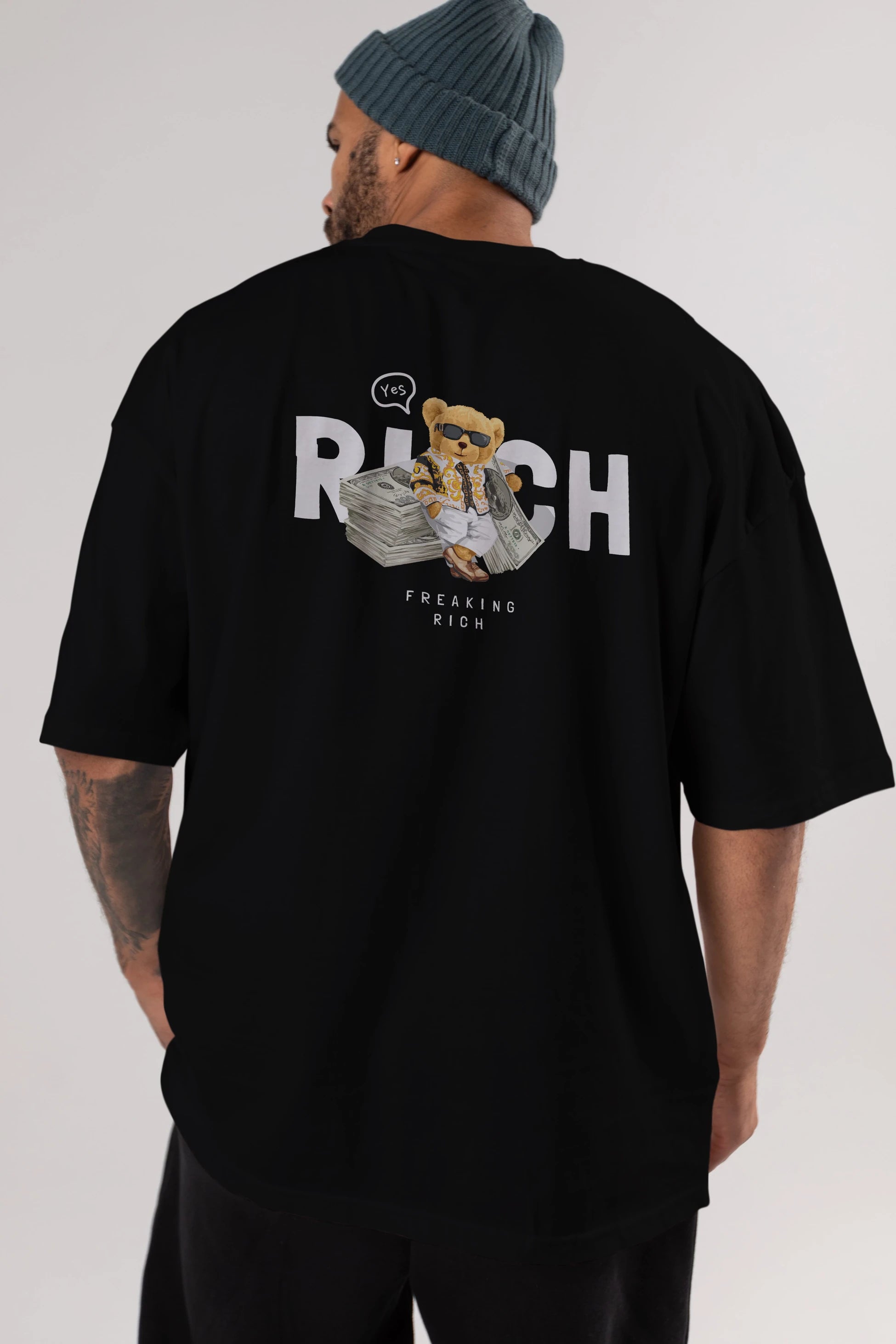 Teddy Bear Freakıng Rich Arka Baskılı Oversize t-shirt Erkek Kadın Unisex %100 Pamuk